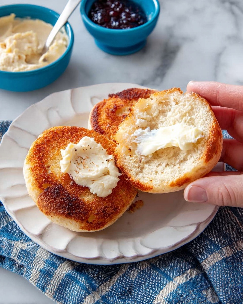 A close-up shows two toasted English muffin halves stacked on a white plate with wavy edges; the muffins have a golden brown, crispy texture on top and a soft, porous inside. A woman's hand is spreading creamy white butter over the top muffin half, which is held open, revealing its fluffy interior. Next to the plate, there are two small blue bowls, one containing a light creamy spread, the other with a dark jam. The setting is on a white marbled surface with a checkered cloth underneath. photo taken with an iphone --ar 4:5 --v 7