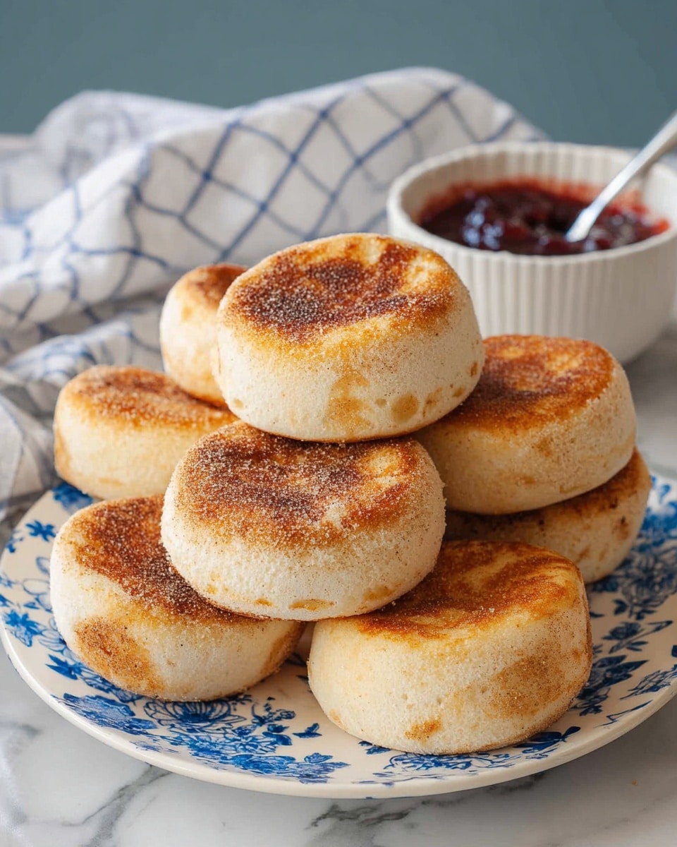 A stack of seven golden-brown English muffins sits on a white plate with blue floral patterns, arranged in two layers with four muffins at the bottom and three on top, each muffin showing a slightly crispy, toasted top with a soft, textured edge dusted lightly with cornmeal. A dark red jam in a white bowl with a silver spoon sits behind the plate to the right on a white marbled surface, with a white and blue checkered cloth draped to the left side. The scene is softly lit, emphasizing the warm tones of the muffins. photo taken with an iphone --ar 4:5 --v 7