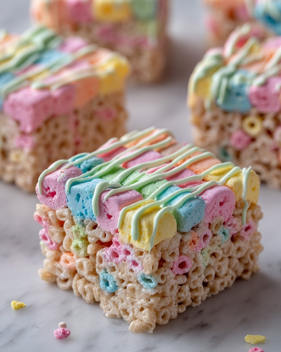 The image shows a close-up of a square cereal treat made from light beige crispy rice cereal, tightly held together in one thick layer with a melted marshmallow texture. On top of the cereal layer, there are colorful, soft marshmallow pieces in bright pink, yellow, green, and blue scattered throughout, with light green icing drizzled in a wavy pattern across the top and sides. The treat sits on a smooth white marbled surface, and more similar treats can be seen blurred in the background, each showing the same layers and colors. photo taken with an iphone --ar 4:5 --v 7