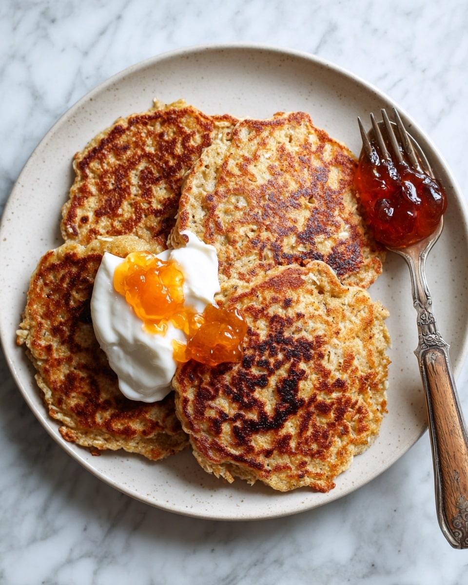 A white plate holds four golden-brown oat pancakes, each with a rough and uneven texture showing some crispy edges and small dark spots from cooking. The pancakes are stacked slightly overlapping on the left side of the plate. On top of two pancakes is a small dollop of white creamy yogurt and bright orange jam, while another spoonful of the jam rests near the top right of the plate beside a fork with a wooden handle. The background surface is a white marbled texture. photo taken with an iphone --ar 4:5 --v 7