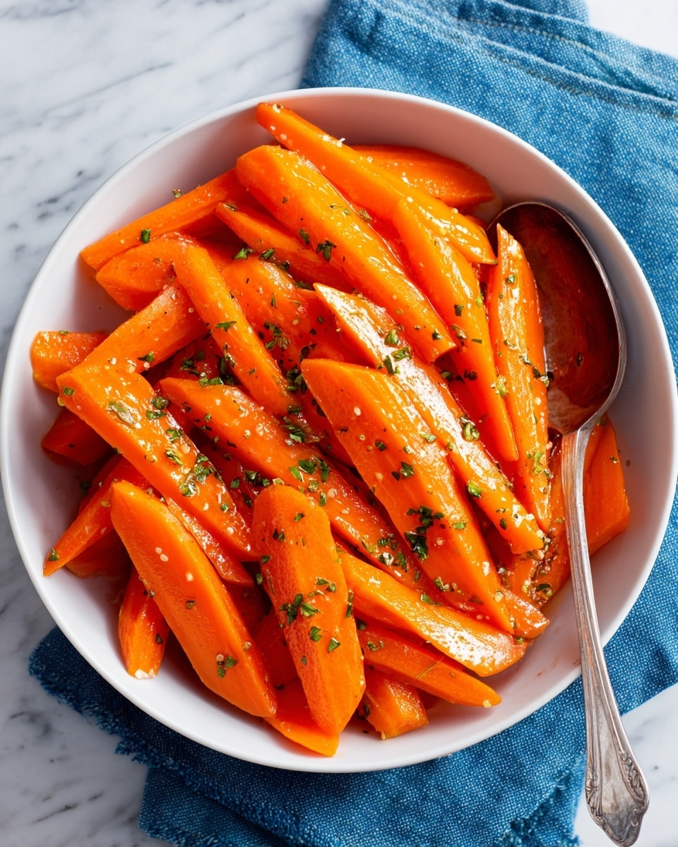A white bowl filled with bright orange carrot sticks cut into long, thick strips. The carrots are lightly coated with a shiny glaze and sprinkled with small green herb pieces evenly over the top. A silver spoon lies inside the bowl on the right side, resting atop the carrots. The bowl is placed on a blue cloth on a white marbled surface. photo taken with an iphone --ar 4:5 --v 7