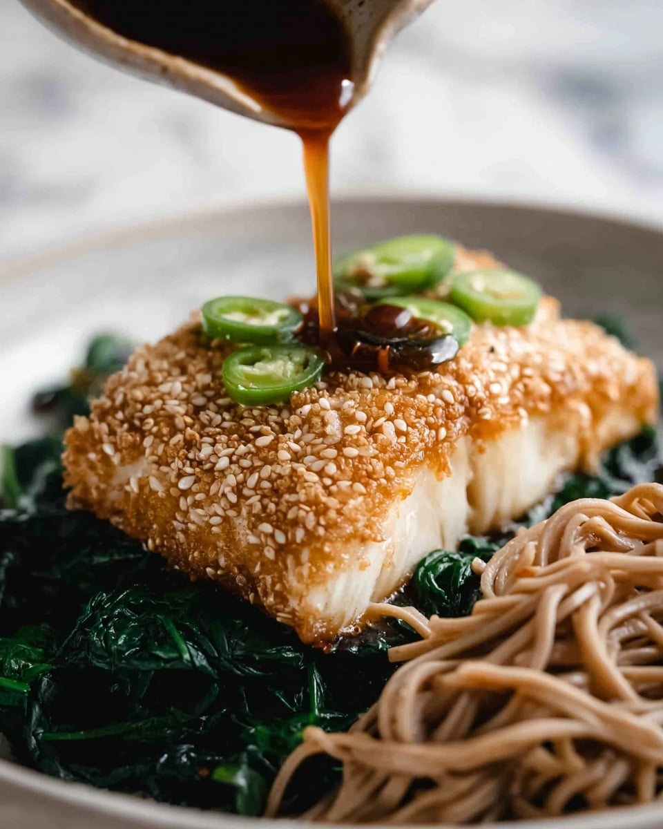 A close-up of a sesame-crusted fish fillet with a golden-brown, crunchy texture on top, placed on a bed of dark green sautéed spinach. Slices of green chili are sprinkled over the fish. On the right side of the plate, there is a small pile of light brown soba noodles, slightly twisted and sauced. Dark brown sauce is being poured from above onto the fish, adding a glossy shine. All of this is arranged on a white plate, set against a white marbled surface. Photo taken with an iphone --ar 4:5 --v 7