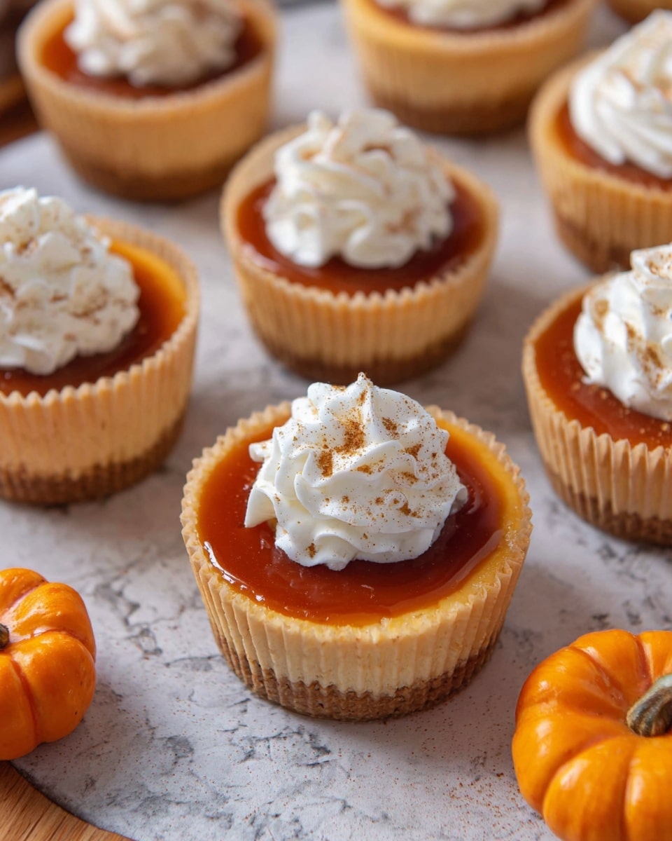 The image shows several small pumpkin-flavored cheesecakes in light brown paper liners arranged on a white marbled texture background. Each cheesecake has two layers: a smooth, creamy orange base and a glossy, darker orange caramel or glaze on top. The top center of each cheesecake is decorated with a swirl of white whipped cream sprinkled with a light dusting of cinnamon or nutmeg. Near the cheesecakes, small orange mini pumpkins add a seasonal touch. The overall look is warm and inviting, perfect for fall. photo taken with an iphone --ar 4:5 --v 7