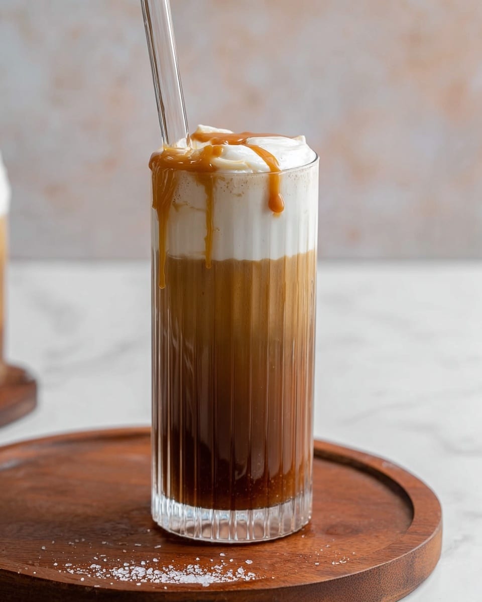 A tall, clear ribbed glass filled with three visible layers: a dark brown coffee layer at the bottom, a lighter brown middle layer where the coffee mixes slightly with cream, and a thick white foam layer on top. Rich caramel sauce drips down from the rim of the glass, creating a glossy, golden contrast against the foam and glass. A transparent straw is placed inside the glass, adding to the refreshing look. The glass sits on a round wooden tray over a white marbled surface, with a light sprinkle of salt or sugar on the tray near the base. photo taken with an iphone --ar 4:5 --v 7