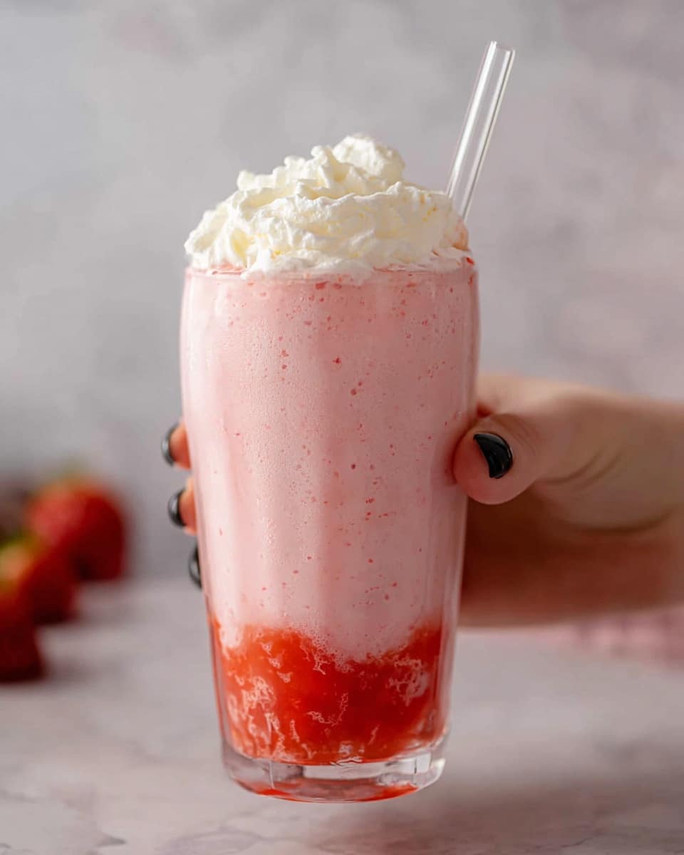 A clear glass is filled with a pink milkshake that has a smooth texture and tiny red specks throughout. At the bottom, there is a thick layer of bright red strawberry syrup with a slightly chunky texture. The milkshake is topped with a fluffy, white whipped cream layer that slightly spills over the rim. A woman’s hand with black nail polish is holding the glass from the side, and a clear straw is inserted into the milkshake. The scene has a white marbled texture background with some out-of-focus strawberries in the back. photo taken with an iphone --ar 4:5 --v 7