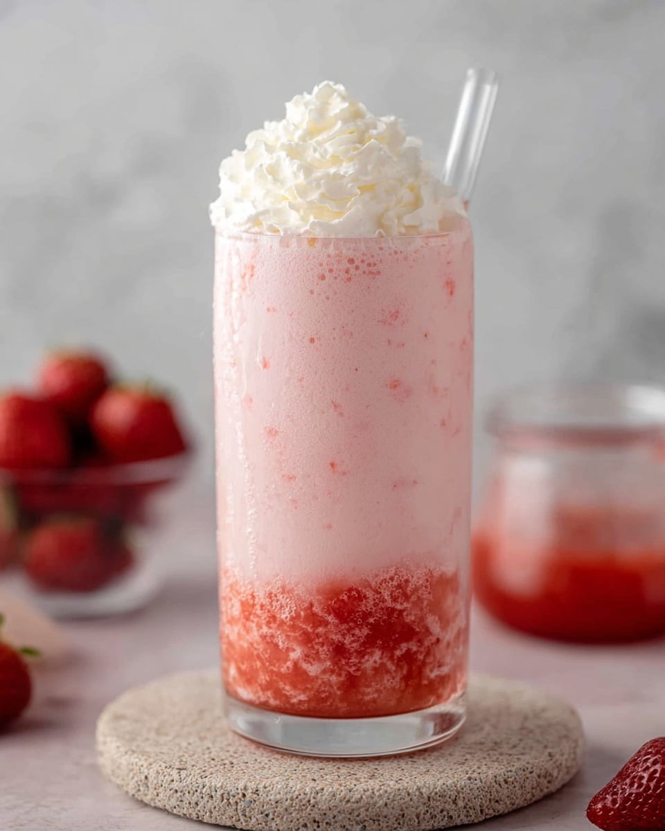 The image shows a tall clear glass filled with a creamy pink milkshake that has a thick strawberry sauce layer at the bottom with a textured, slightly chunky look. The pink milkshake layer above is smooth and light pink with tiny specks, topped with a generous swirl of white whipped cream that has soft peaks. A transparent straw sticks out from the glass near the whipped cream. The glass rests on a rough, light-colored stone coaster placed on a white marbled surface. In the background, there is a clear glass bowl filled with whole frozen strawberries and a clear measuring cup containing a bit of strawberry sauce, both slightly blurred. photo taken with an iphone --ar 4:5 --v 7