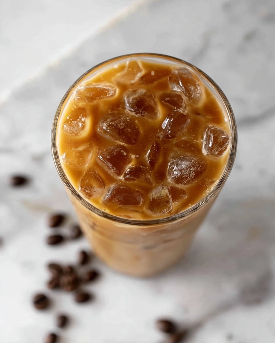 A clear glass filled with a light brown iced coffee drink, with many ice cubes floating on top covering the entire surface. The drink has a smooth texture with a slight frothy layer blending with the ice. The glass is placed on a white marbled surface scattered with a few dark brown coffee beans around it. Photo taken with an iphone --ar 4:5 --v 7