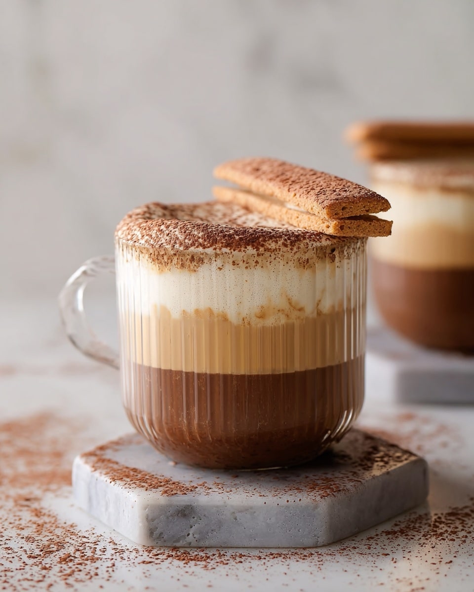 A clear glass cup with vertical ridges holds a layered drink with three visible layers: a dark brown bottom layer, a light caramel middle layer, and a thick, creamy off-white foam top layer dusted with cocoa powder. A light brown biscuit covered in cocoa powder rests diagonally on top of the foam. The cup sits on a hexagonal light gray stone coaster on a white marbled surface sprinkled with cocoa powder. The background is soft and blurry, also white marbled. Another similar glass cup with the same drink and biscuit is blurred in the background. Photo taken with an iphone --ar 4:5 --v 7