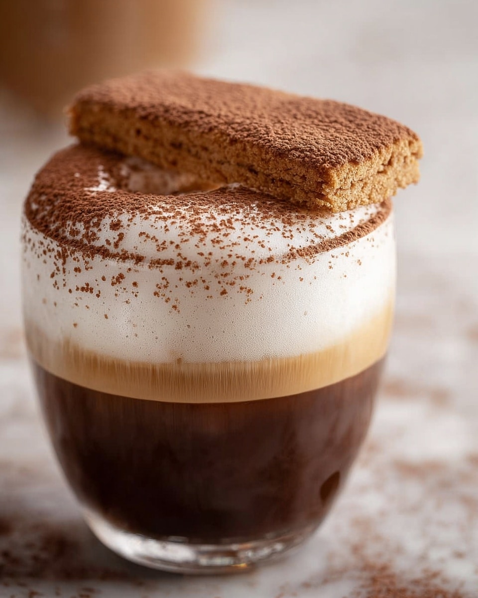 A clear glass shows three layers from bottom to top: dark brown coffee, light brown coffee mixed with milk, and thick white foam with a slightly uneven, airy texture. The foam is dusted with cocoa powder evenly on top. A rectangular, light brown biscuit covered with cocoa powder rests partly on the foam, slightly tilted to the side. The glass is set against a white marbled texture. photo taken with an iphone --ar 4:5 --v 7