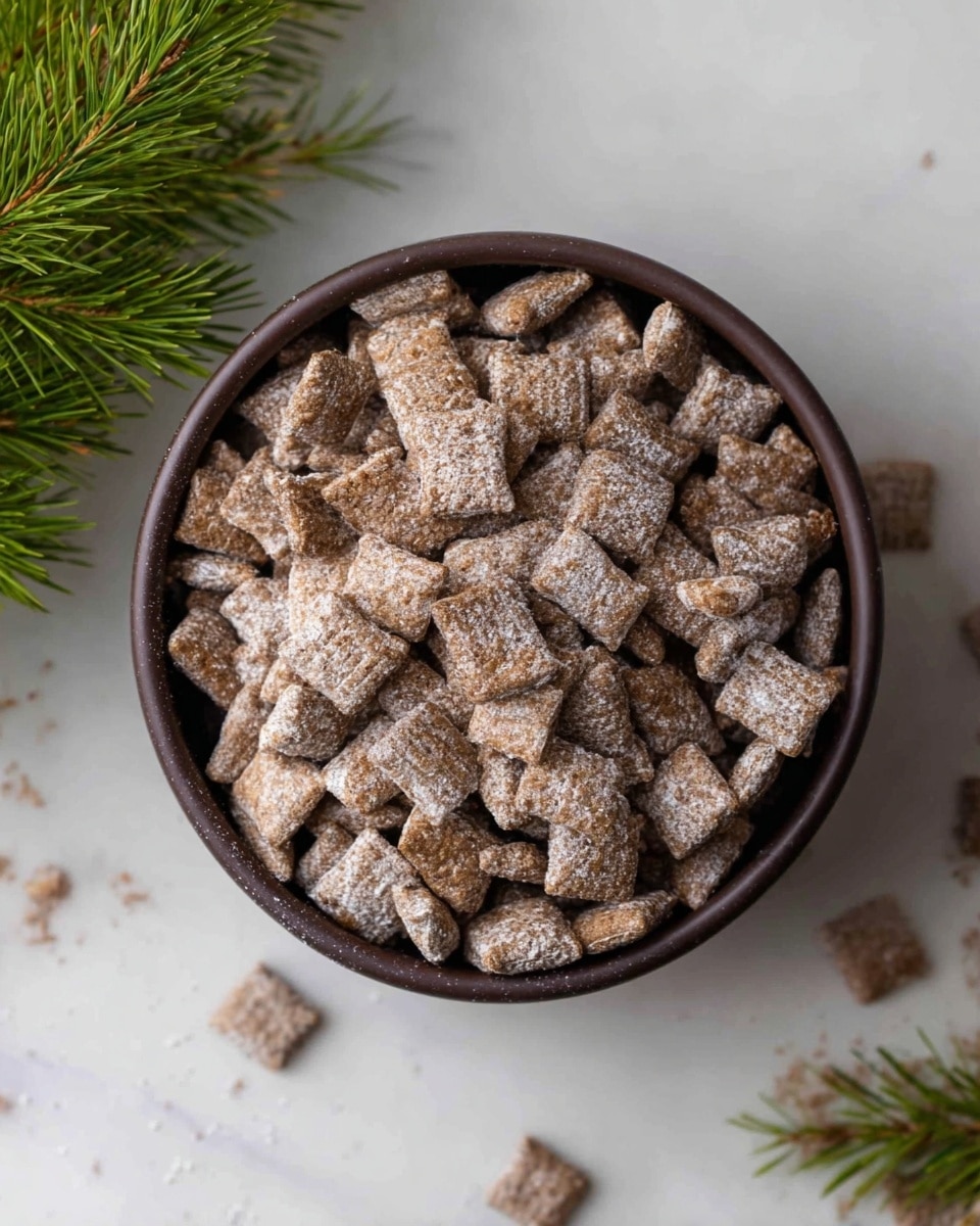 A dark brown round bowl filled with many small square cereal pieces that are light brown with a rough texture and a dusting of white powder. The bowl is on a white marbled surface with a few loose cereal pieces scattered nearby. At the bottom left corner, there is a small green pine branch adding a natural touch. The image has a calm, simple look and soft light. photo taken with an iphone --ar 4:5 --v 7