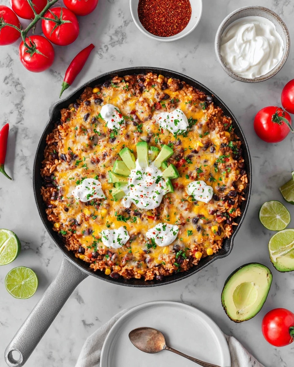 A gray cast iron skillet filled with a layered Tex-Mex dish showing a base of cooked ground meat, black beans, and corn mixed with rice, topped with melted cheddar and white cheese that is golden and bubbly. On top, dollops of sour cream and green avocado chunks are scattered, sprinkled with fresh chopped green herbs. The skillet sits on a white marbled surface surrounded by bright red cherry tomatoes on the vine, lime wedges, a small bowl of red chili powder, and another white bowl filled with sour cream beside a white plate holding a spoonful of sour cream. Photo taken with an iphone --ar 4:5 --v 7