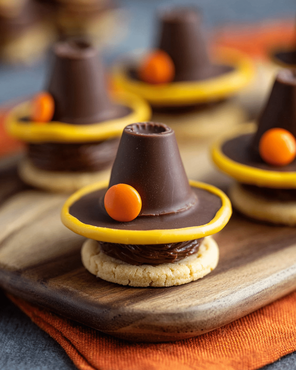 The image shows several small treats shaped like pilgrim hats on a wooden board with an orange cloth underneath. Each treat has three layers: the bottom is a light tan round cookie, the middle is a dark brown chocolate layer slightly smaller than the cookie, and on top is a chocolate peanut butter cup standing upright. There is a thin ring of bright yellow icing just below the peanut butter cup, and a single round orange candy is placed on this icing at the edge of the chocolate layer, making it look like a hatband decoration. The background is softly blurred to focus on the front hat. photo taken with an iphone --ar 4:5 --v 7