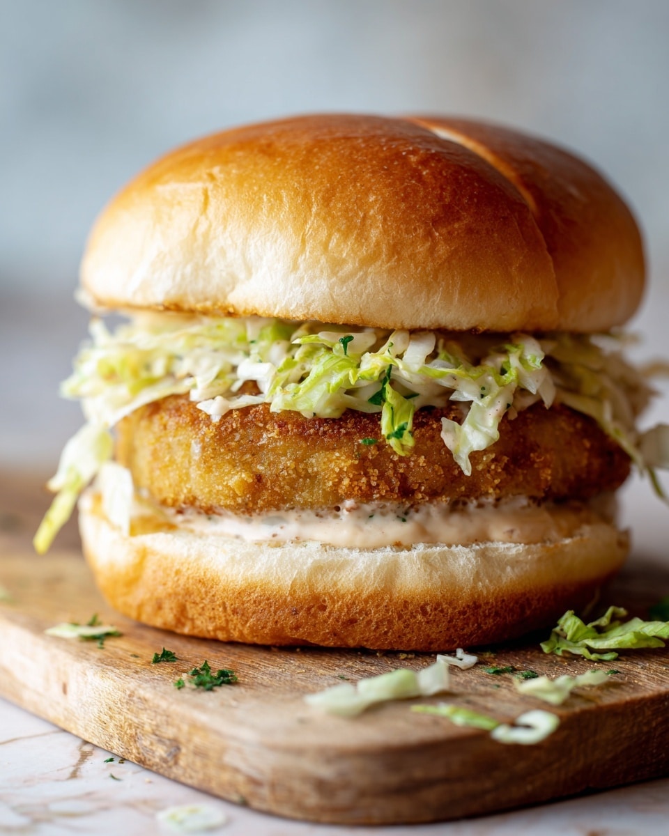 The image shows a close-up side view of a sandwich placed on a wooden board with a white marbled surface beneath. The sandwich has three layers: a soft, golden-brown toasted top bun with slight shine and indentations, a thick, slightly crispy golden-brown patty, and a layer of shredded pale green lettuce mixed with darker green leaves just under the top bun. Below the patty, there is a layer of light beige sauce spread evenly on the bottom toasted bun that is also golden brown and soft. Some pieces of lettuce are scattered on the wooden board near the sandwich. The photo taken with an iphone --ar 4:5 --v 7