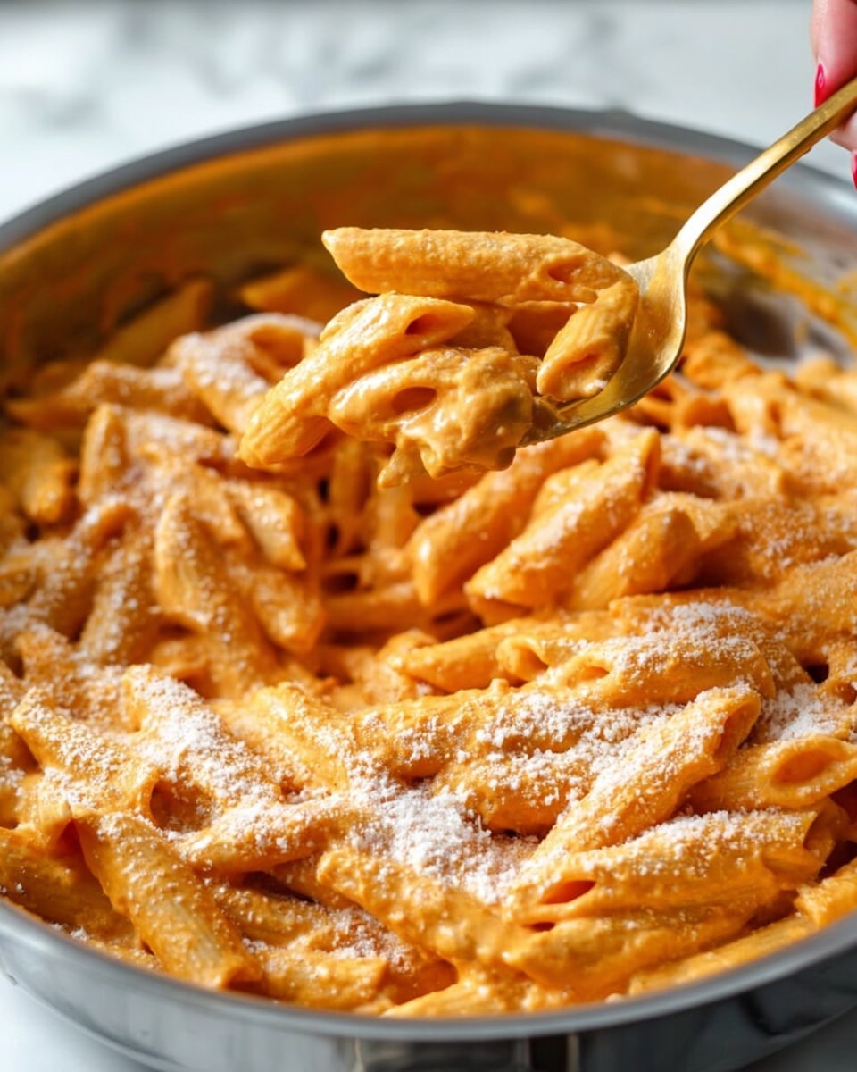 The image shows a close-up of a silver pan filled with creamy orange pasta, with about two layers of penne coated in a smooth sauce. The sauce looks thick and rich, covering each piece of pasta fully. There is a light dusting of white grated cheese spread evenly on top, adding texture. A woman's hand is holding a golden fork that is lifting some pasta up from the pan, highlighting the sauce’s creamy texture and showing the hollow centers of the penne. The background is a white marbled texture. Photo taken with an iphone --ar 4:5 --v 7