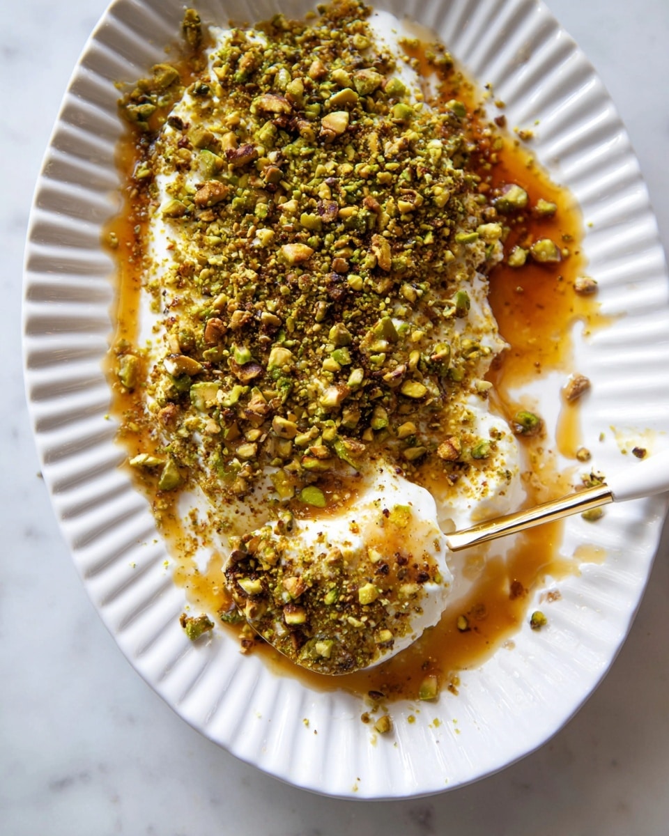 The image shows a white fluted plate with a dish made of three main layers. The bottom layer is a soft white creamy base spread unevenly across the plate, topped with a golden brown syrup layer that glistens and pools slightly. On top, there is a thick, rough layer of crushed green pistachio nuts, covering most of the surface except for a small area where the syrup and cream mix are visible. A white and gold spoon rests on the right side, slightly digging into the creamy layer. The plate sits on a white marbled surface. Photo taken with an iphone --ar 4:5 --v 7