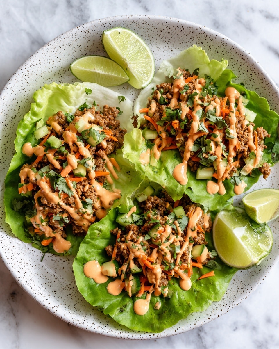 The image shows three lettuce wraps on a white plate with a speckled rim, placed on a white marbled surface. Each wrap has a large, bright green lettuce leaf as the base layer, topped with a mix of finely chopped cooked ground meat, small pieces of orange carrot, green zucchini, and herbs. Drizzled over the filling is a light orange creamy sauce, adding texture and color contrast. Around the plate on the marbled surface, there are three lime wedges, adding a fresh visual element. Photo taken with an iphone --ar 4:5 --v 7