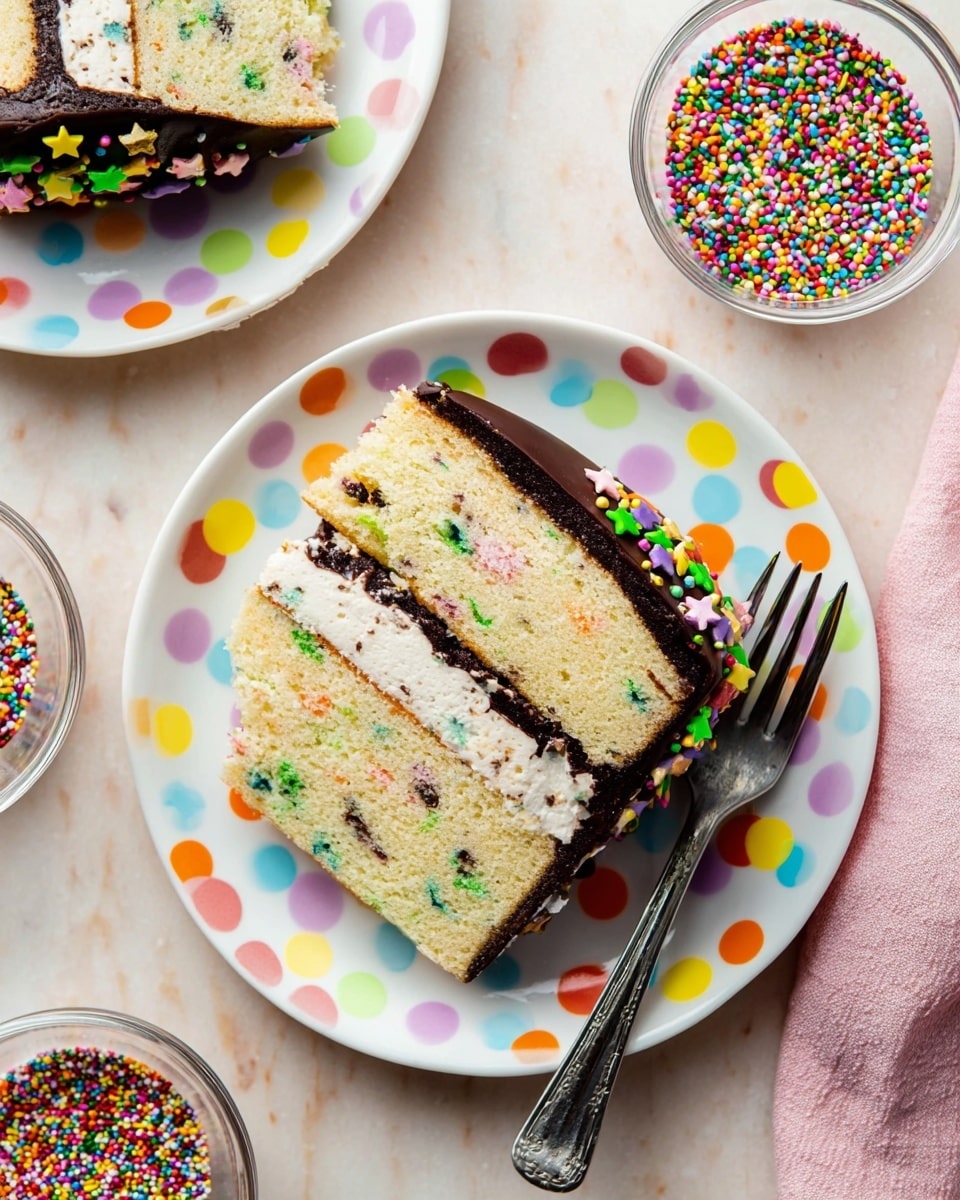 The image shows a slice of a two-layer funfetti cake with creamy white ice cream sandwiched in between the layers. The cake is light beige with colorful sprinkles mixed throughout, giving it a festive look. On top, there is a thick, glossy layer of dark chocolate ganache adorned with round, colorful confetti sprinkles. The cake slice is resting on a white marbled surface with some sprinkles scattered around it. photo taken with an iphone --ar 4:5 --v 7