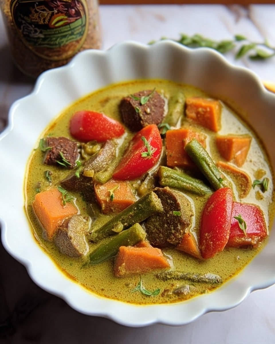A white scalloped bowl filled with Thai green vegetable curry, featuring a mix of chunky vegetable pieces in a thick, light brown-green curry sauce. Visible layers include large brown mushroom slices, bright red tomato chunks, green bell pepper pieces, orange carrot chunks, and green broccoli florets, all immersed in the creamy curry base. Small bits of herbs float on top, adding texture. The bowl sits on a white marbled surface with a jar of green curry paste blurred in the background. Photo taken with an iphone --ar 4:5 --v 7