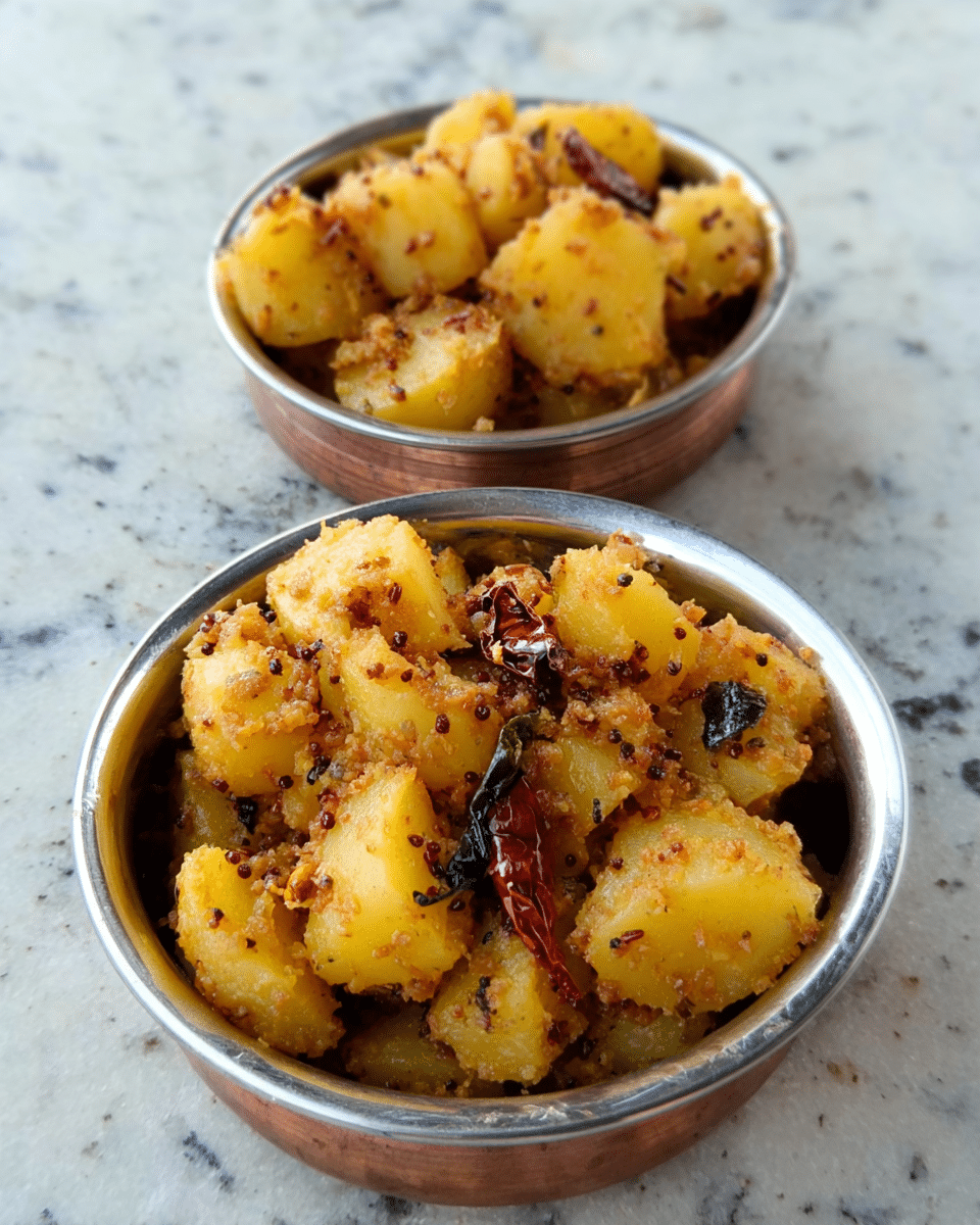 Two small silver bowls filled with cooked potato pieces mixed with spices including mustard seeds and dried red chili. The potatoes are golden yellow and soft with a slightly rough texture from the spices. Each bowl holds a generous layer of the potato mix, filling it nearly to the top. The bowls sit on a white marbled surface, highlighting the warm colors of the dish. The photo taken with an iphone --ar 4:5 --v 7
