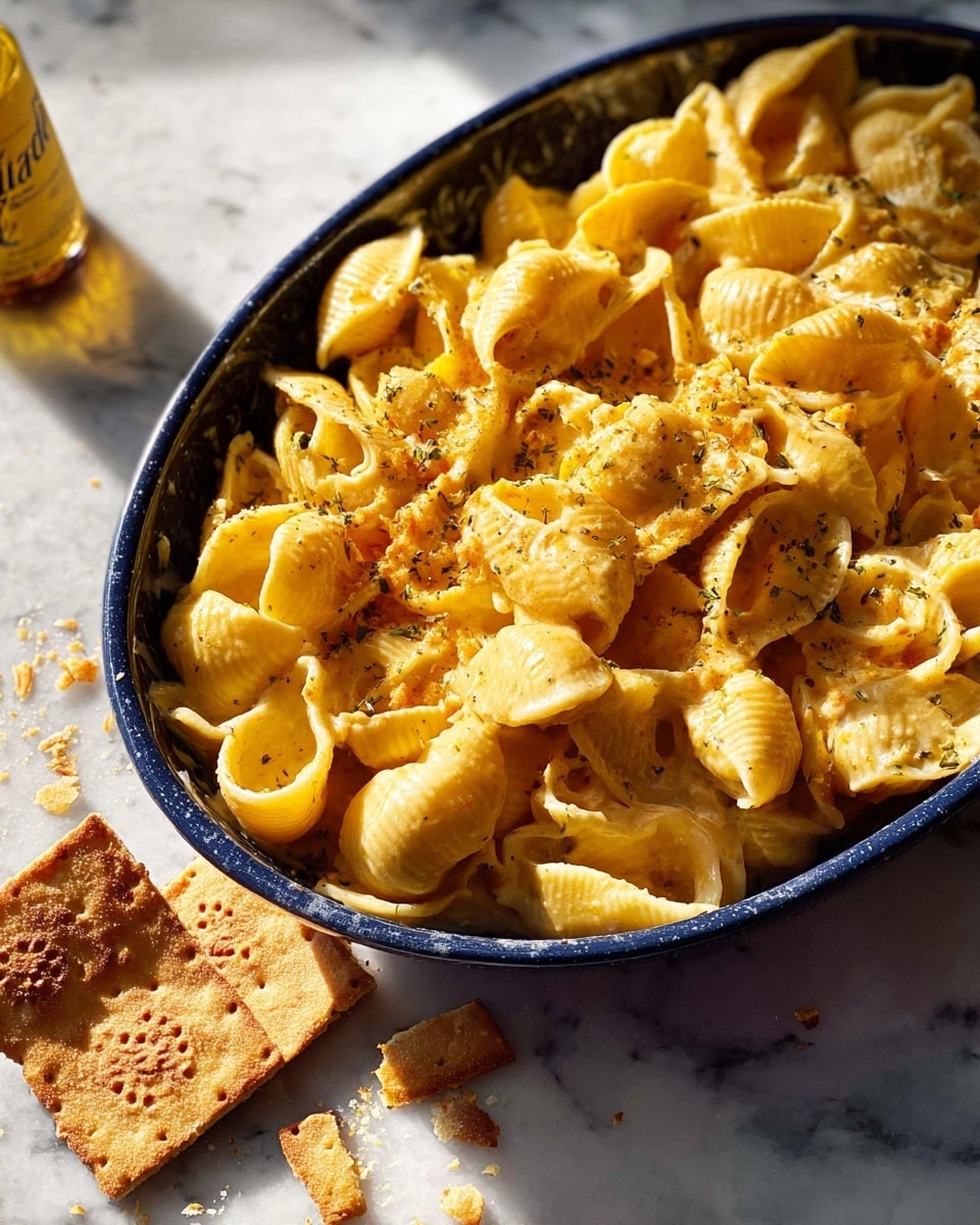 A close-up view of a blue oval ceramic dish filled with golden yellow pasta shells coated in a creamy sauce, showing a textured and slightly shiny surface on the shells. The shells are piled high, with some overlapping and creating a sense of depth. The dish rests on a white marbled surface sprinkled with a few small crumbs of cheese and a couple of small square pieces of baked bread or cracker with crisp, browned edges and a decorative stamped pattern. Soft natural light creates warm highlights and shadows enhancing the textures. Photo taken with an iphone --ar 4:5 --v 7