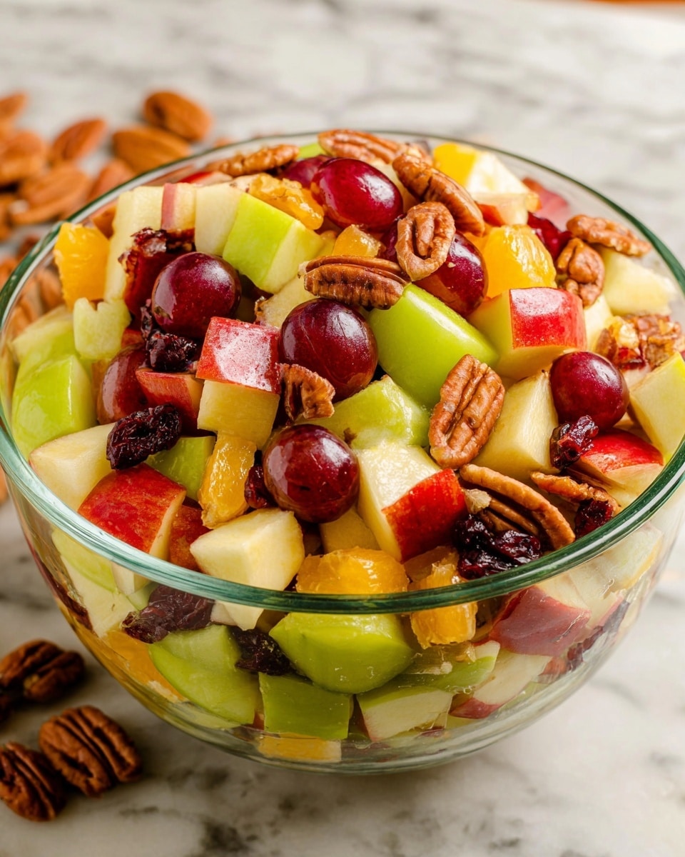 A clear glass bowl filled with a colorful fruit salad sits on a white marbled surface, overflowing with three main layers of fresh fruit and nuts: the bottom layer has chunks of green apple with smooth skin, the middle layer contains pieces of red apple with shiny skin, and the top is a mix of deep red grapes, bright orange fruit segments, scattered dark red dried cranberries, and brown pecans with ridged textures. The fruit pieces are irregularly cut, showing fresh, juicy textures, and the bowl is full, creating a vibrant, inviting look. Photo taken with an iphone --ar 4:5 --v 7