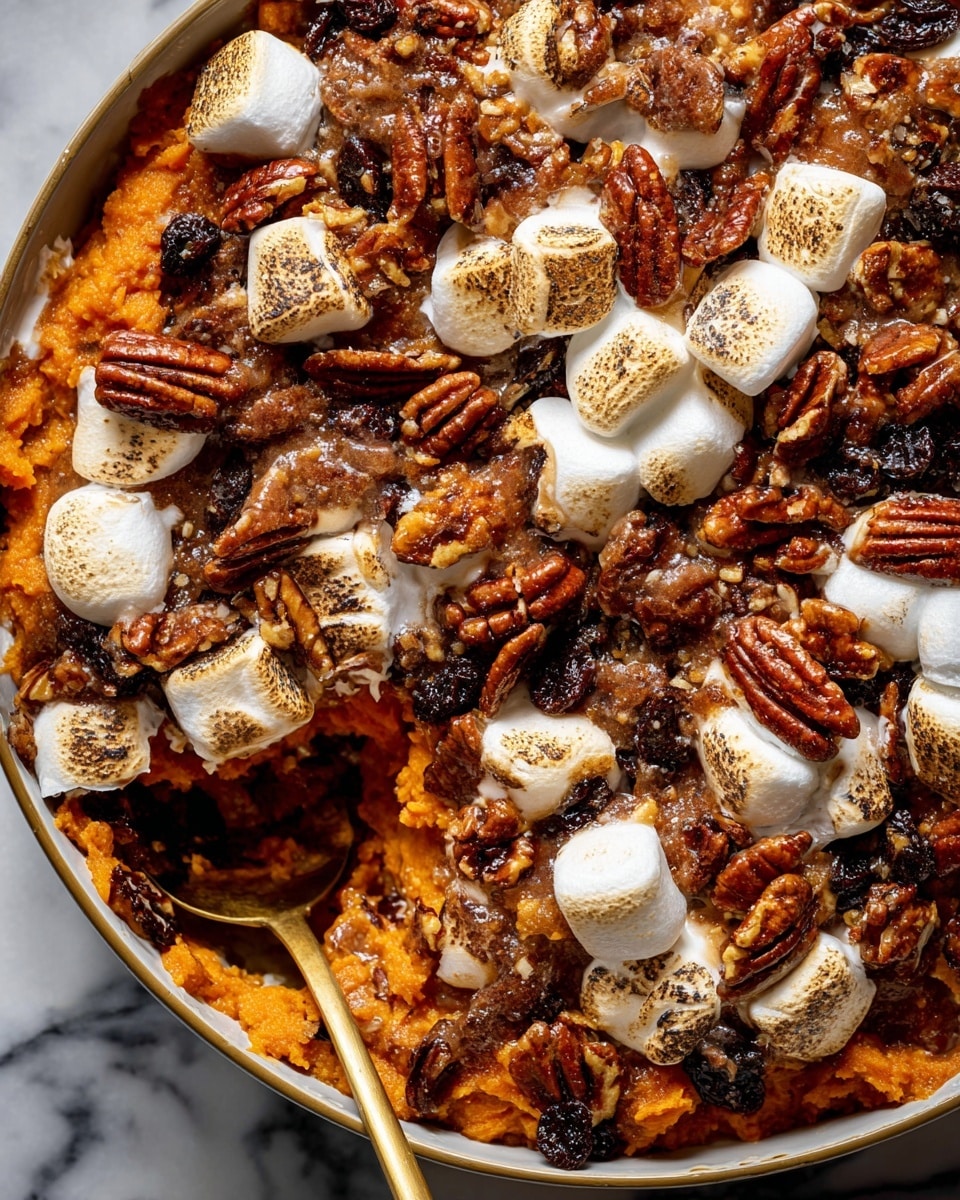 The dish is a close-up of a sweet potato casserole in a round baking pan, showing a mash of soft orange sweet potatoes mixed with dark raisins spread unevenly. Scattered across the top are many toasted pecan halves, colored rich brown with a shiny texture. Puffy toasted marshmallows, white with browned spots, sit in clusters over the sweet potato base and are slightly melted into it. A golden spoon is partly submerged on the right side, holding a scoop of the casserole. The background is a white marbled surface. photo taken with an iphone --ar 4:5 --v 7