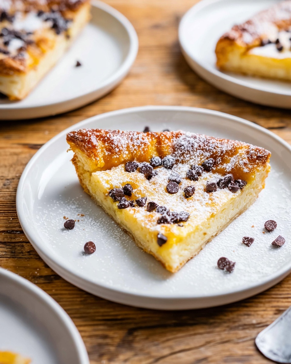 The image shows a slice of golden brown baked pastry with slightly puffed edges on a white plate. The pastry's top layer is smooth and shiny, covered with scattered small dark chocolate chips and a light dusting of powdered sugar. The crust edges are thicker and have a flaky texture, curling upward on one side of the slice. The base looks soft and slightly lighter in color compared to the crust. The plate holding the slice is on a wooden surface, with parts of two other white plates visible, each holding similar slices with the same textures and toppings. Photo taken with an iphone --ar 4:5 --v 7