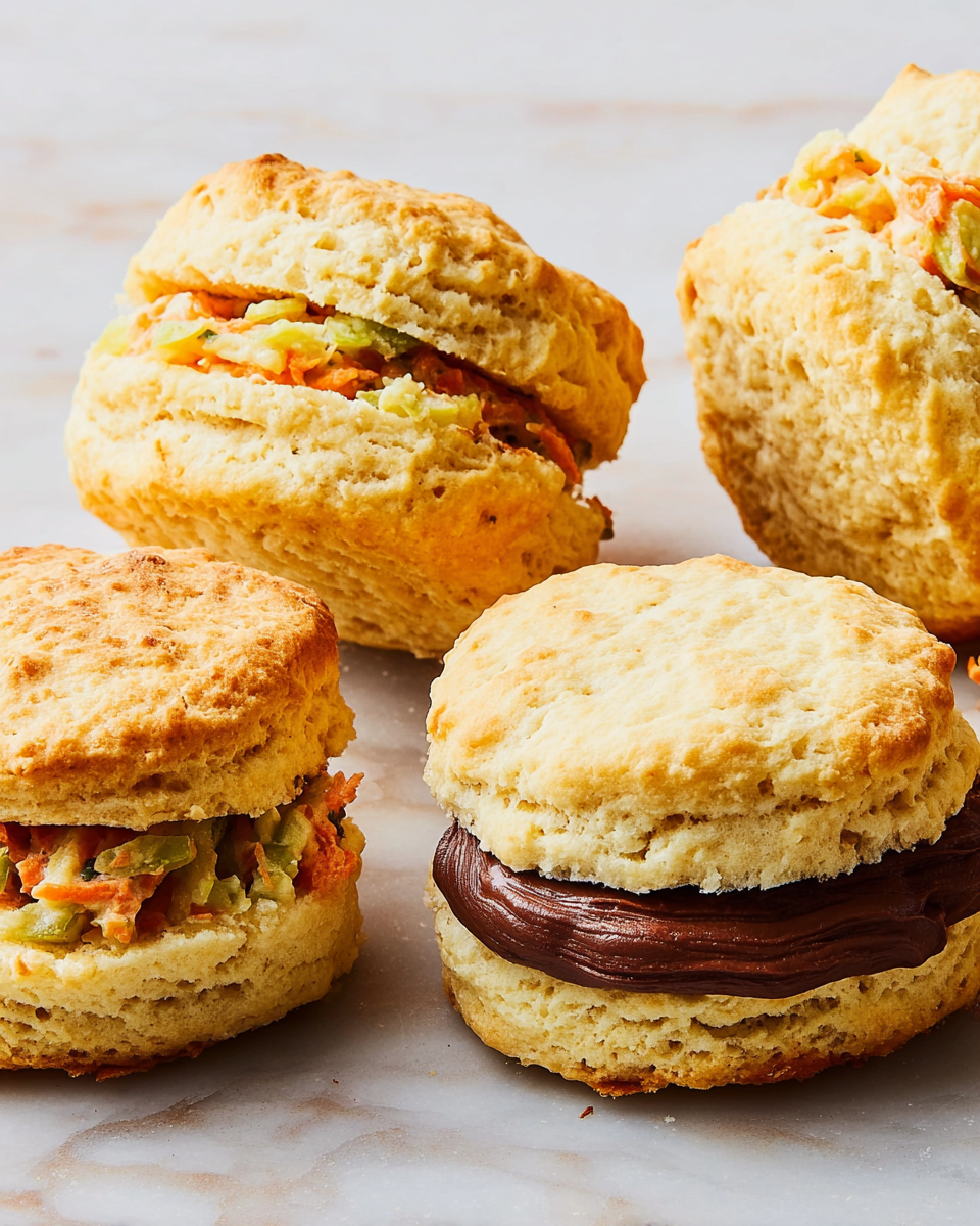 Four small round biscuit sandwiches are shown in a close-up on a white marbled surface. Each sandwich has two light golden, fluffy biscuit layers with a slightly rough texture on top and around the sides. Three of the sandwiches contain a middle layer of finely chopped vegetables that are mostly orange and green, giving a fresh look. The fourth sandwich has a thick, smooth layer of dark brown chocolate spread in the middle. The soft, crumbly biscuits contrast with the colorful fillings, making the sandwiches look fresh and tasty. photo taken with an iphone --ar 4:5 --v 7