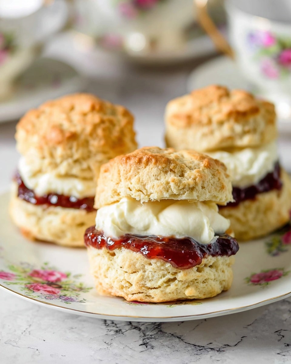 Three layered scones are placed on a white plate with delicate floral patterns. Each scone has a golden brown, crumbly top layer, followed by a thick middle layer of fluffy white cream, and a glossy dark red layer of jam just below the cream. The base layer of the scones is light golden, soft, and slightly crumbly. The scene is set on a white marbled surface with a soft focus on tea cups in the background, giving a cozy, inviting look. photo taken with an iphone --ar 4:5 --v 7