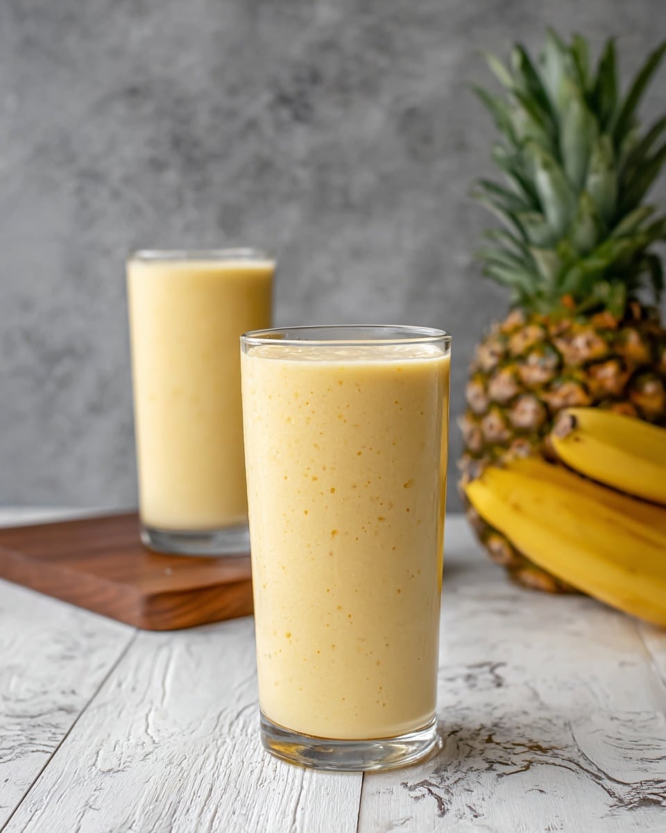 Two tall clear glasses filled with creamy light yellow smoothie stand on a white marbled surface with wooden plank patterns. The smoothie inside is smooth and thick with tiny darker specks scattered throughout. One glass is in the front, fully visible, while the second glass is slightly behind and to the right, partly blurred. In the background on the right side, a whole pineapple with green spiky leaves and a bunch of small bananas rest against a soft gray textured backdrop. photo taken with an iphone --ar 4:5 --v 7