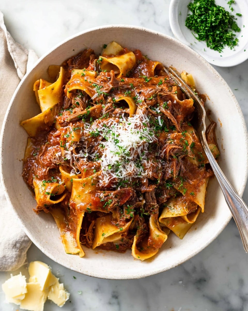 A white bowl filled with wide pappardelle pasta covered in a thick brown meat sauce with visible chunks of pulled meat and small bits of tomato. The pasta is mixed with the sauce evenly, showing a glossy texture. On top of the pasta is a small pile of grated cheese and finely chopped green herbs sprinkled over it. A silver fork is resting inside the bowl, and the bowl is placed on a white marbled surface with a small white dish of chopped herbs nearby and some pieces of butter scattered around. photo taken with an iphone --ar 4:5 --v 7