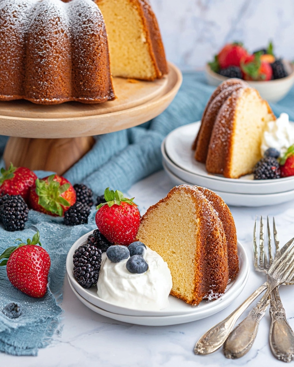 A slice of golden brown bundt cake with a light dusting of powdered sugar sits on a white plate. The cake slice has a soft, spongy texture with a slightly crisp outer edge. Next to the cake slice is a dollop of white whipped cream topped with fresh berries, including a halved red strawberry, dark blackberries, and deep blue blueberries. Another plate with a similar slice and berry topping is placed slightly behind. The whole bundt cake, with a rich golden crust and the same powdered sugar dusting, is displayed on a wooden cake stand. Fresh strawberries and blackberries are scattered around on a white marbled texture surface, with two vintage forks lying on a blue cloth nearby. Photo taken with an iphone --ar 4:5 --v 7