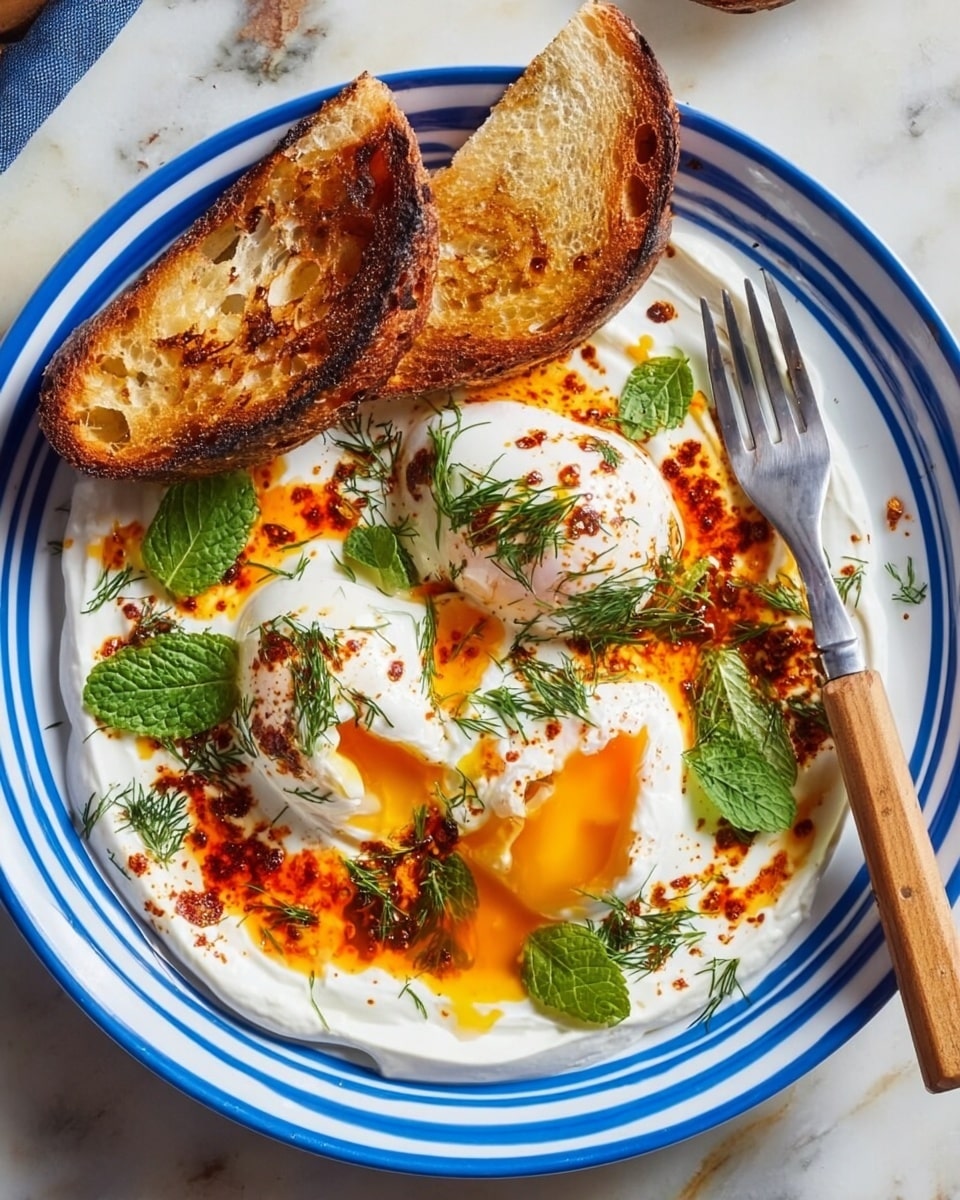 The image shows a white plate with blue stripes around the edge, holding a dish that has three main layers. The bottom layer is a creamy white yogurt spread. On top, there are two poached eggs with soft, white edges and bright orange yolks starting to run out from a cut on one egg. There are drizzles of orange-red oil and spices scattered over the eggs, adding depth and color. Fresh green herbs like mint and dill are sprinkled across the dish, adding fresh texture. Two thick slices of toasted bread with a golden-brown crust rest on the side. A fork with a wooden handle is placed on the right side of the plate on top of the yogurt. The whole scene is set on a white marbled surface. Photo taken with an iphone --ar 4:5 --v 7