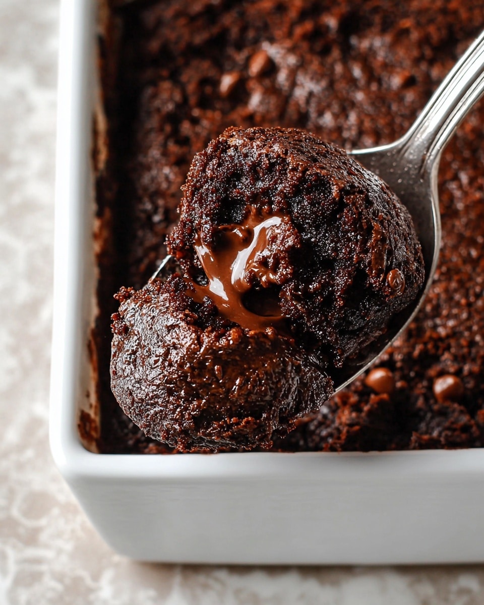 A close-up of two scoops of rich, dark brown chocolate brownie with a rough, crumbly texture, showing melted shiny chocolate goo inside. The scoops sit in a white square baking dish, filled with more of the same chocolate brownie base that has a cracked, textured surface. A silver spoon holds the brownie scoops above the dish, against a white marbled textured background. photo taken with an iphone --ar 4:5 --v 7