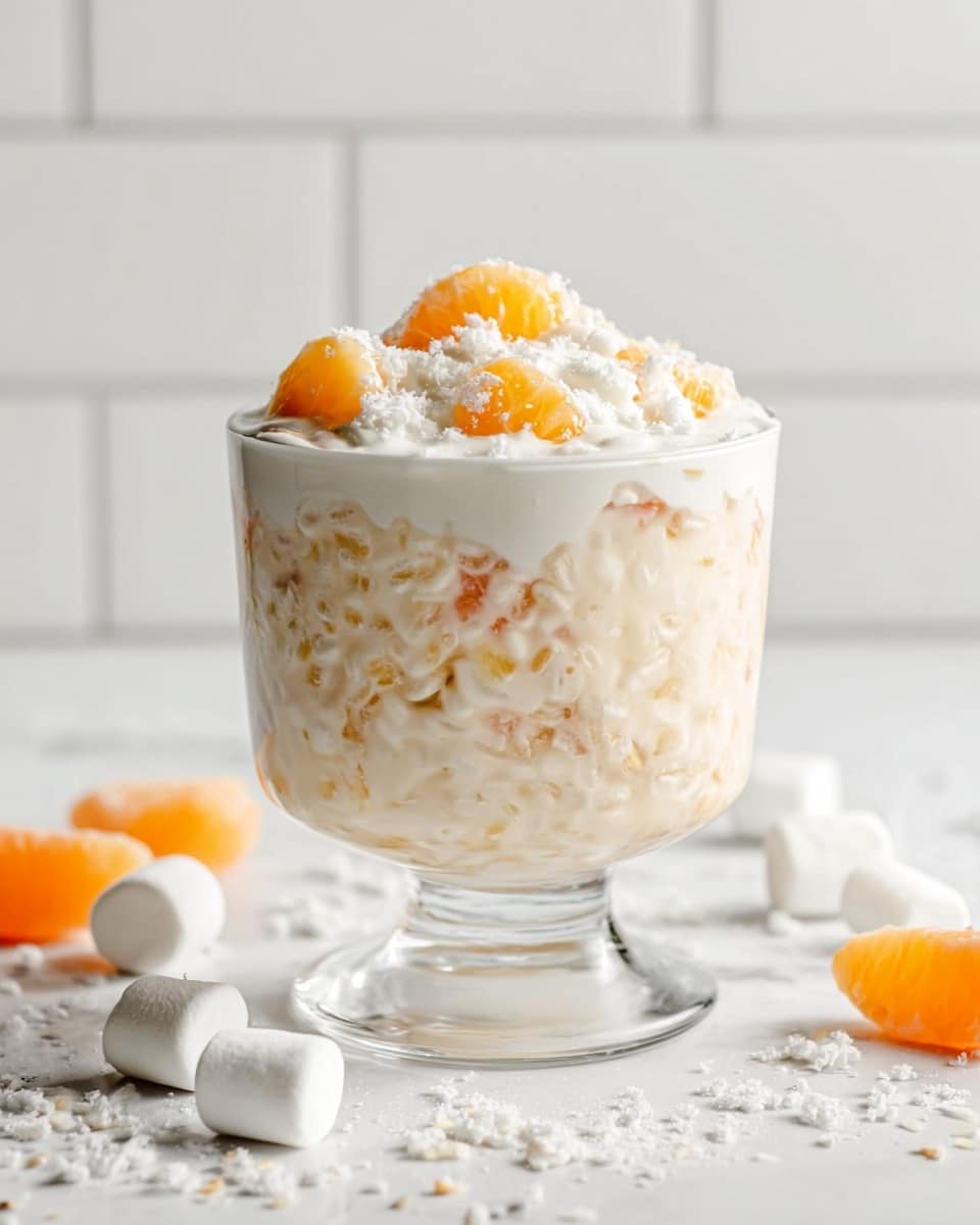 A clear glass dessert cup on a white marbled surface holds a layered creamy dish, filled with small, soft-textured grains mixed into a milky base. Scattered throughout the mixture are bright orange segments, adding pops of vibrant color inside the mostly pale cream layer. The top layer is thick and white with visible small lumps, crowned with more orange fruit pieces. Around the glass are small, white marshmallows and white flakes scattered across the surface, enhancing the soft and light theme of the scene. The background is a clean white tiled wall. Photo taken with an iphone --ar 4:5 --v 7