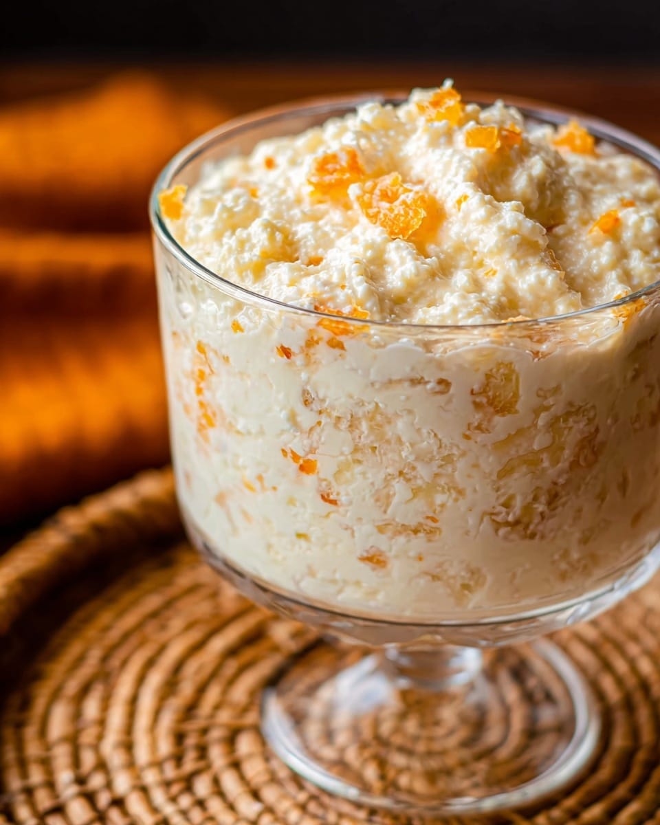 A clear glass dessert cup filled with a creamy white mixture that has a thick, chunky texture, filled with small orange pieces scattered throughout all layers. The mixture is dense and slightly grainy looking, with the orange bits giving bright pops of color throughout. The cup is placed on a round woven mat, with a blurred background featuring warm, brown tones. The close-up view focuses on the texture and colors inside the glass, showing the creamy mixture reaching just above the rim. Photo taken with an iphone --ar 4:5 --v 7