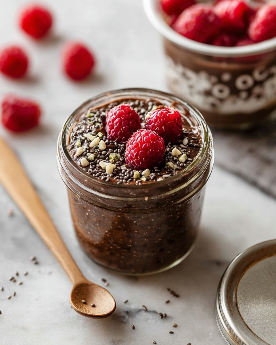 A small clear glass jar is filled with three layers of thick, dark brown chocolate pudding mixed with visible chia seeds and textured bits. The top layer is decorated with small black chia seeds, light beige hemp seeds, and three fresh, bright red raspberries placed in the center. A light wooden spoon sticks out from the jar on the left side. The jar sits on a white marbled surface with loose seeds and three extra raspberries scattered nearby. In the background, there's a second similar jar that is slightly blurred and a white colander with more raspberries out of focus. The metal jar lid lies close to the jar at the bottom right. Photo taken with an iphone --ar 4:5 --v 7