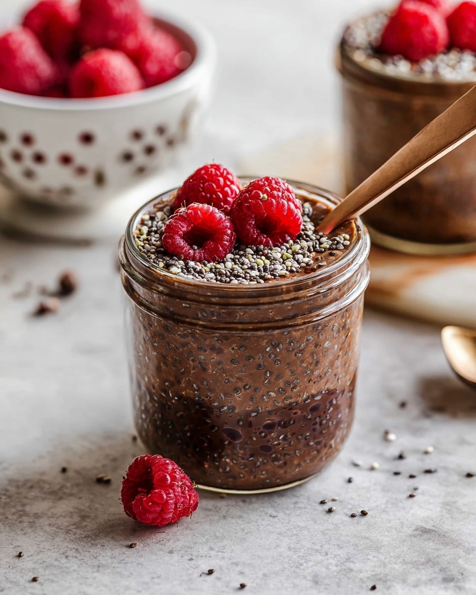 The image shows a small clear glass jar filled with three layers of dark brown chocolate chia pudding mixed with tiny seeds, giving it a textured look. On top, the pudding is decorated with small black and white seeds and three bright red raspberries placed close together, adding a fresh pop of color. A light wooden spoon rests inside the jar, angled slightly to the left. Around the jar, there are scattered seeds and two loose raspberries on the white marbled surface. In the background, there is a blurred white colander with raspberries and another similar jar slightly out of focus. The photo taken with an iphone --ar 4:5 --v 7