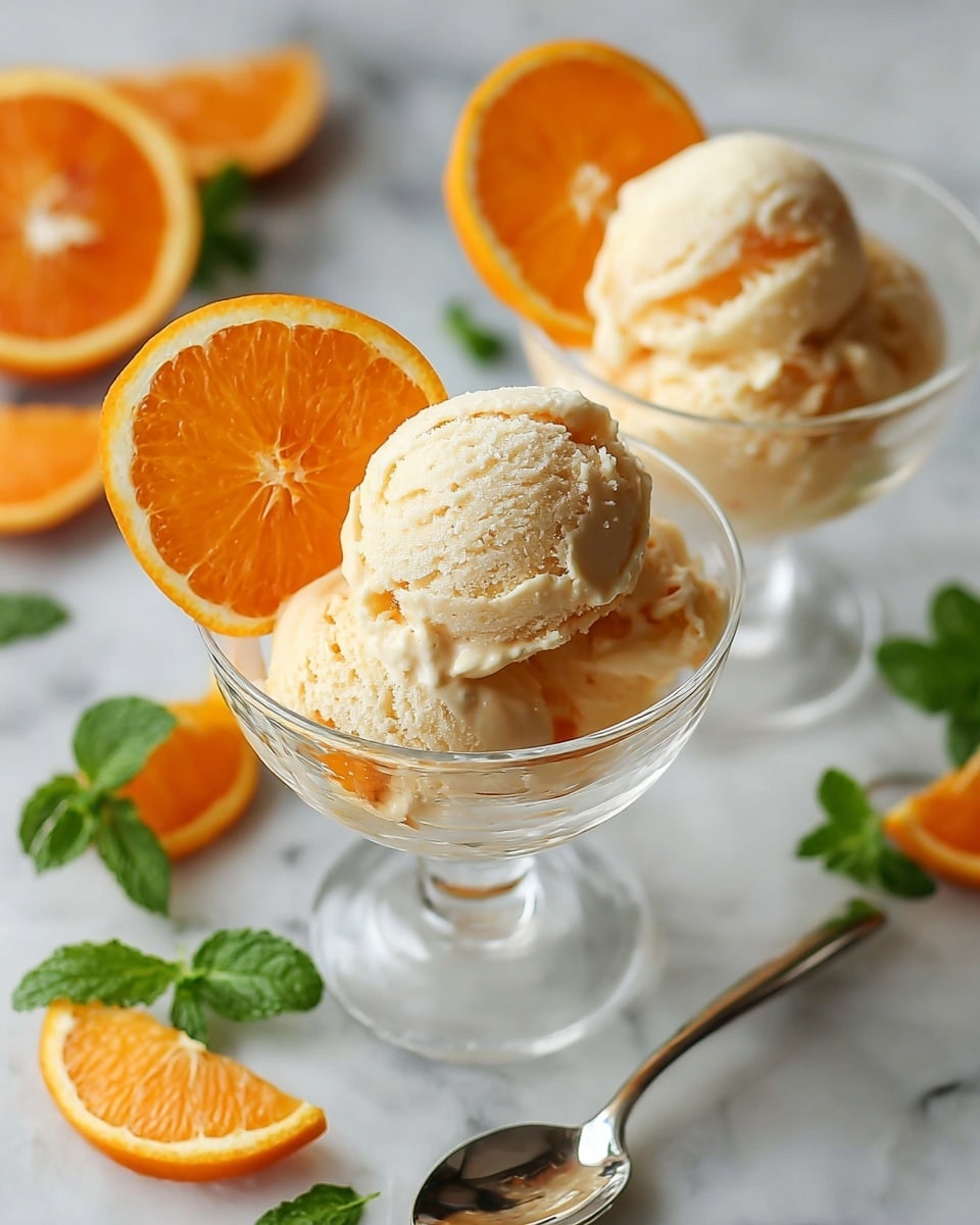 The image shows two clear glass dessert cups filled with creamy, pale orange sorbet, each cup having a scoop of smooth, lightly textured sorbet on top with a base of slightly softer sorbet underneath. Each sorbet is garnished with a bright, fresh orange slice placed inside the rim of the cup to the side. The cups sit on a white marbled surface with scattered orange halves and fresh green mint leaves around. In the foreground, there is a shiny silver spoon resting on the surface near one of the cups. The colors are soft and natural, with the orange slices adding a refreshing pop of color. photo taken with an iphone --ar 4:5 --v 7