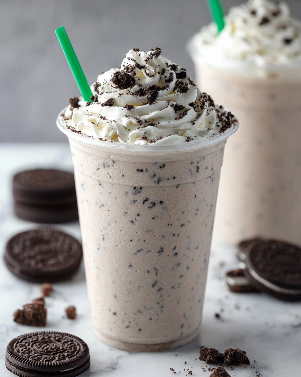 A creamy cookies and cream milkshake is shown in a clear plastic cup with visible small dark cookie crumbs mixed throughout the pale beige milkshake. On top, there is a thick layer of white whipped cream piled high with swirls. The whipped cream is sprinkled with crushed dark cookie crumbs and small dark chocolate chips. A green plastic straw sticks out from the whipped cream near the side of the cup. Around the cup on a white marbled surface are whole and partly crushed dark chocolate sandwich cookies and a few scattered chocolate chips. Another similar milkshake cup is blurred in the background. photo taken with an iphone --ar 4:5 --v 7