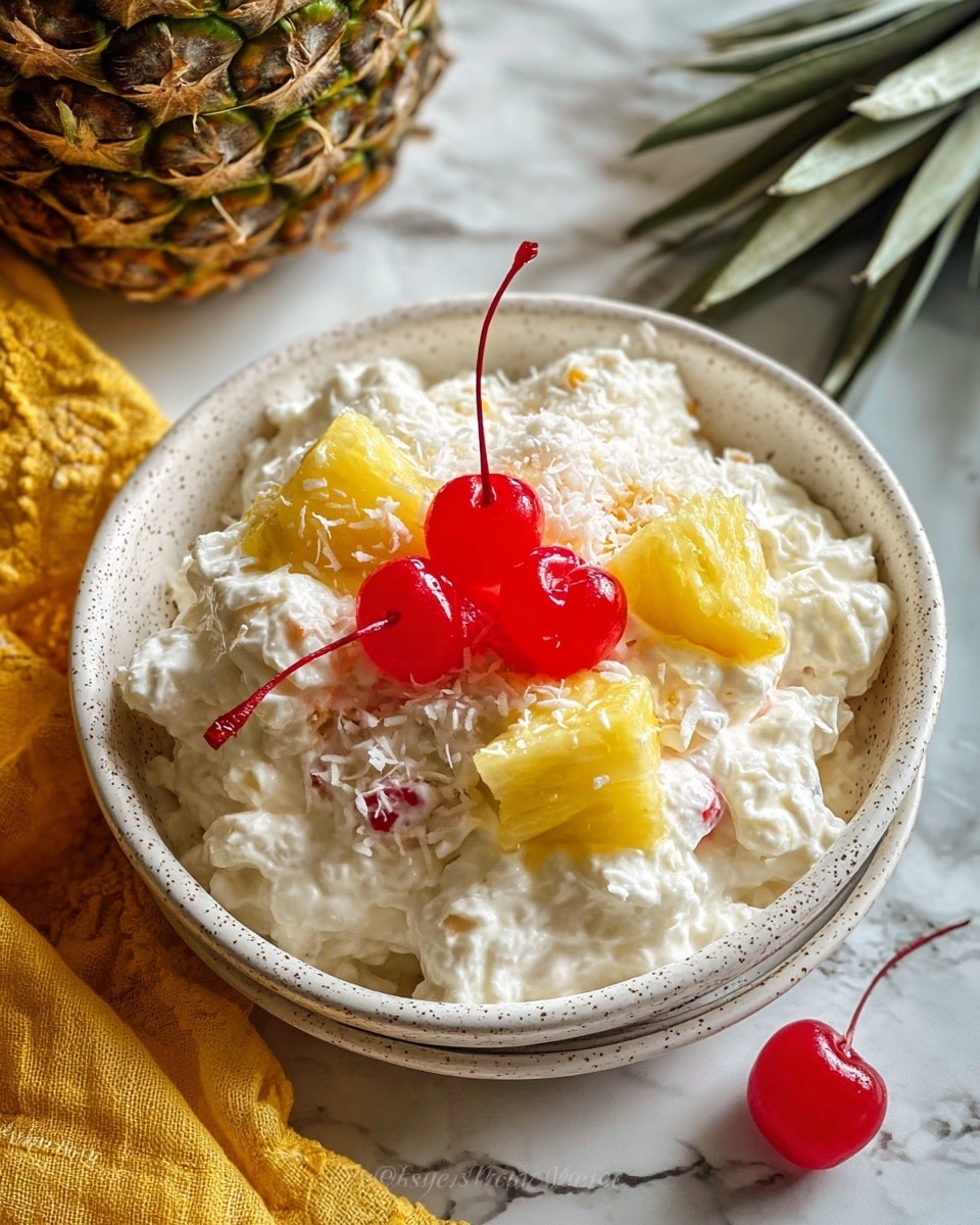 A white speckled bowl filled with a creamy white cottage cheese salad, topped with bright yellow pineapple chunks and three glossy red maraschino cherries with stems. The salad has a thick texture and is sprinkled lightly with shredded coconut. The bowl sits on a white marbled surface, next to a yellow cloth and part of a pineapple visible at the top edge. Photo taken with an iphone --ar 4:5 --v 7