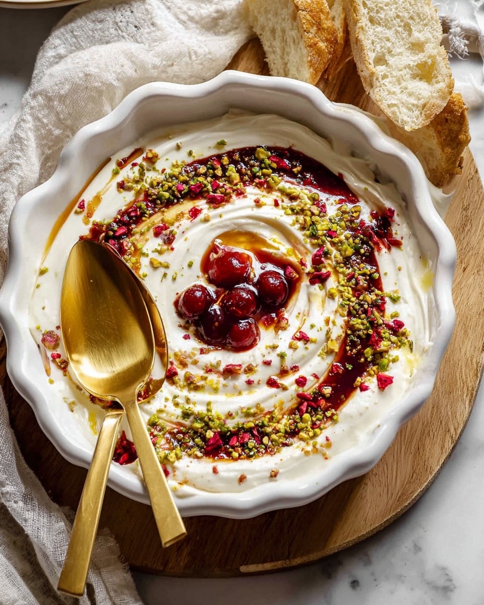 A white scalloped dish holds three main layers; the bottom layer is smooth, thick white cream spread evenly with slight swirls, topped with a glossy, dark red sauce drizzled in a spiral pattern. Scattered finely chopped green pistachios and crushed red flakes add texture on top, along with three whole bright red berries centered in the middle. Two large gold shell-shaped spoons rest on the cream on the left side, and a piece of light brown crusty bread leans against the right edge. The dish sits on a wooden board with white linen cloth partially visible, all on a white marbled surface. Photo taken with an iphone --ar 4:5 --v 7