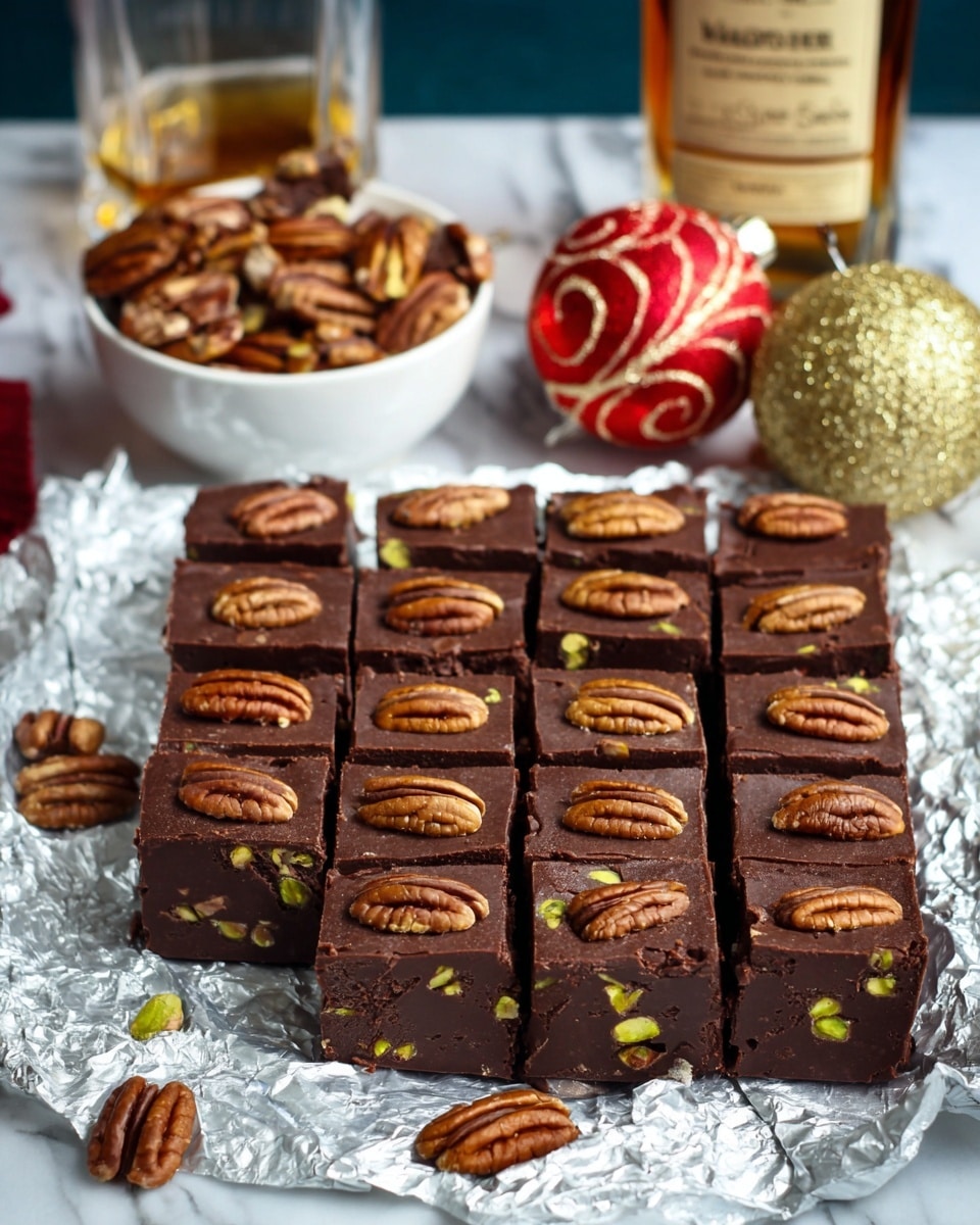 A block of rich dark brown fudge cut into 20 square pieces, each topped with a single whole pecan half, arranged in four rows and five columns on crumpled foil. Inside the fudge, light green pistachio pieces are visible. Behind the fudge, there is a small white bowl filled with whole pecans, two decorative Christmas ornaments—one red with gold swirls and one glittery gold—and a partially visible bottle of whiskey with a tan label. The scene is set on a white marbled surface. Photo taken with an iphone --ar 4:5 --v 7