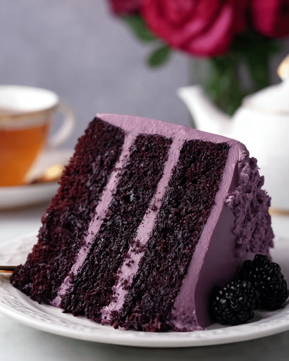 A thick slice of chocolate cake with three layers sits on a white plate with a simple pattern. The cake layers are dark brown and moist, separated by two layers of light purple frosting that looks smooth and creamy. The outside of the cake is fully covered in the same purple frosting, with a slightly rough texture. At the base of the cake slice, there are two shiny blackberries adding a touch of deep black color. The background shows blurred red flowers and a white teapot on a white marbled texture. photo taken with an iphone --ar 4:5 --v 7