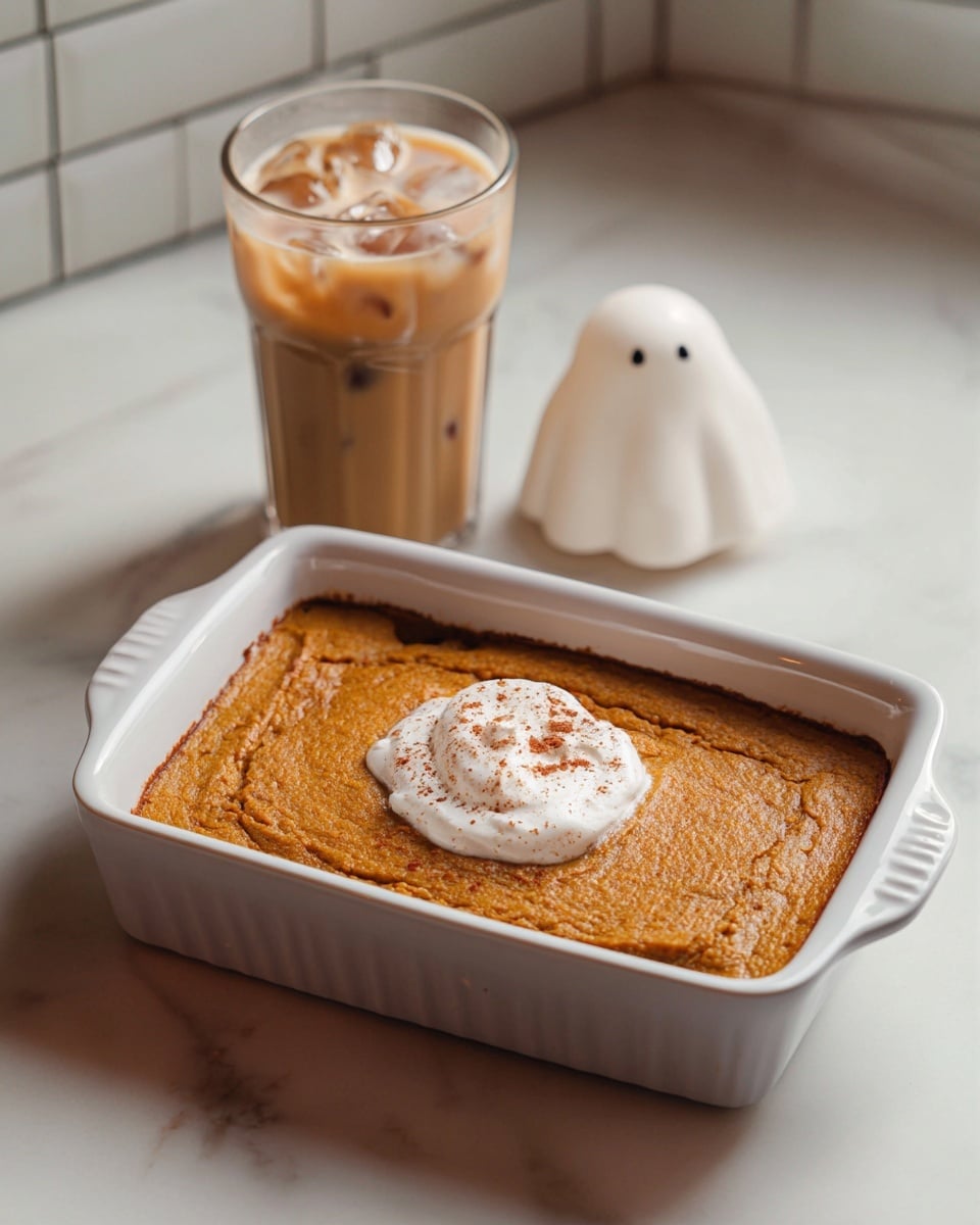 The image shows a rectangular white baking dish filled with a single-layer pumpkin-colored cake or bread that has a slightly cracked and textured surface. A dollop of white whipped cream sprinkled lightly with brown spice sits at the center on top of the cake. Behind the dish is a glass with iced coffee inside, creamy light brown in color with visible ice cubes and some dark swirls. Next to the glass is a small white ghost-shaped candle. The whole scene is set on a white marbled surface with a blurred white tiled background. Photo taken with an iphone --ar 4:5 --v 7