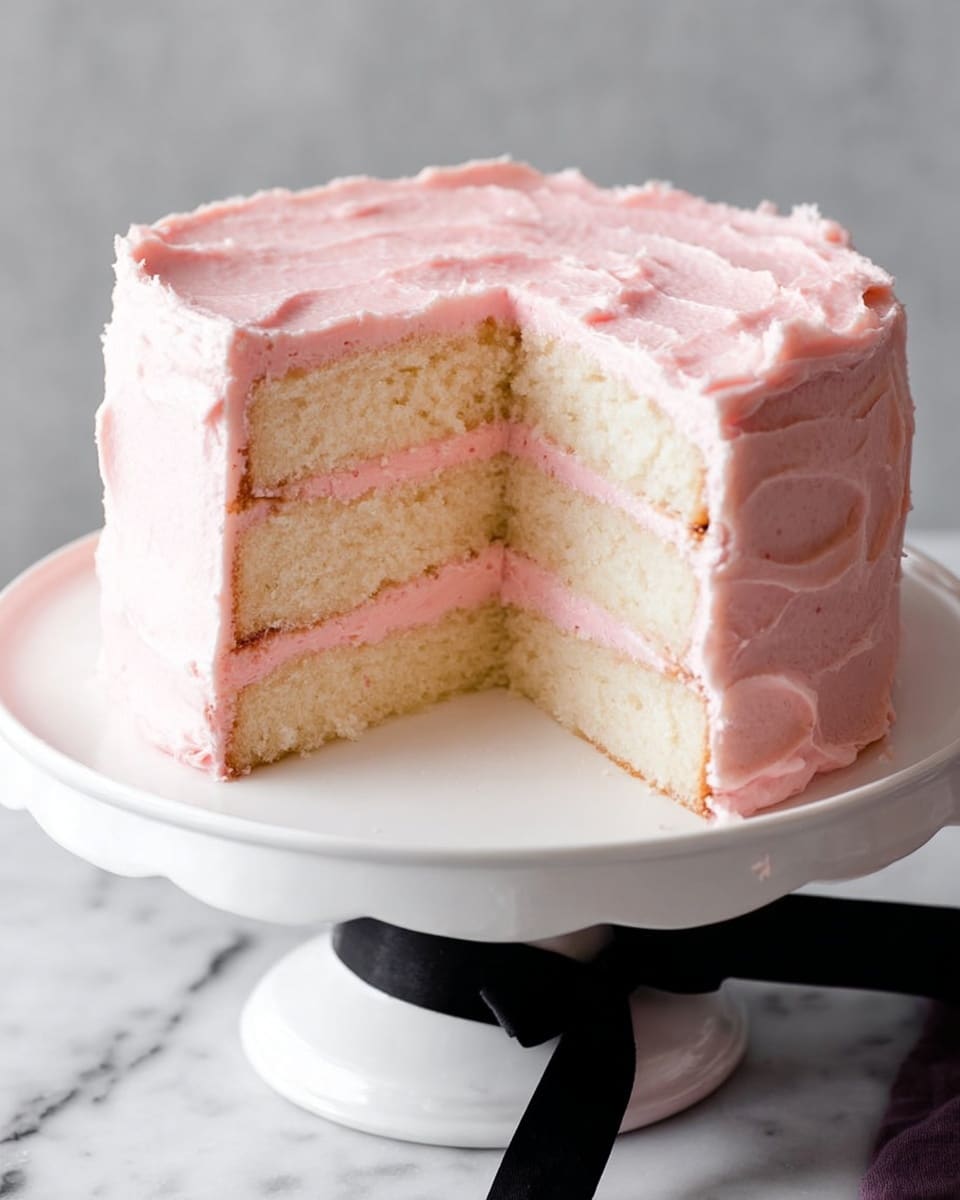 A tall three-layer vanilla cake with soft light pink frosting on top and between each layer. The cake layers are creamy white and fluffy, while the frosting is smooth with a slightly textured, whipped look. The cake is placed on a white cake stand with a black ribbon bow wrapped around its side, all set on a white marbled background. A slice has been cut out, showing the thick pink frosting between the layers clearly. Photo taken with an iphone --ar 4:5 --v 7