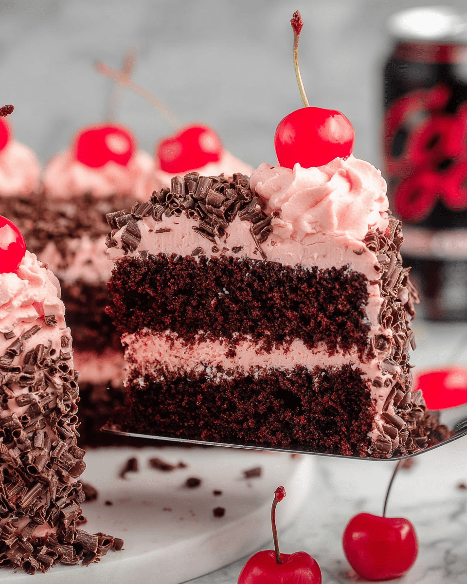 A slice of chocolate cake is being lifted with a spatula, showing two layers: the bottom dark brown, moist cake layer with a dense texture, and the top layer of light pink frosting that looks smooth and creamy. The top of the cake is covered with chocolate curls and several bright red cherries with stems, one cherry on the slice itself and more on the cake below. The cake is placed on a white marbled surface. In the background, a dark can with red writing is slightly blurred. Photo taken with an iphone --ar 4:5 --v 7
