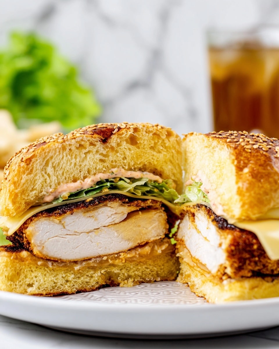 A close-up view of a sandwich cut in half, showing three main layers inside a sesame seed topped golden brown bun. The bottom layer is a thick piece of crispy fried chicken with a crunchy, dark golden brown coating. Above the chicken is a slice of melted cheese with a smooth pale yellow color. On top of the cheese is a layer of green leafy lettuce and a spread of pinkish sauce on the inside of the top bun. The sandwich sits on a white plate against a white marbled surface, with a blurred background including a drink glass and some green lettuce. photo taken with an iphone --ar 4:5 --v 7