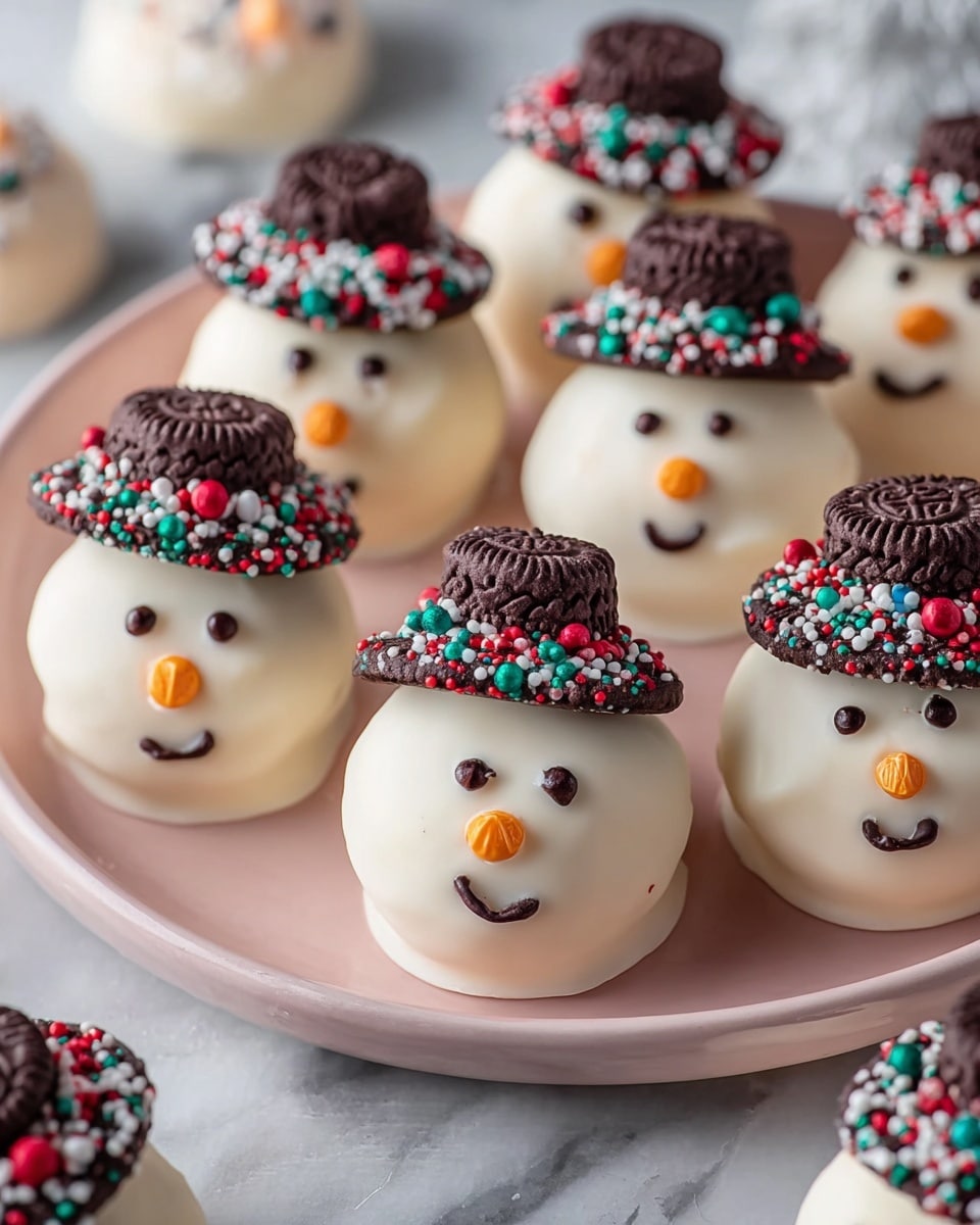 The image shows several snowman-shaped sweets arranged on a white plate with a pinkish tint. Each sweet has two main layers: a rounded base covered in smooth white coating, and a hat made from a dark brown cookie with detailed texture, decorated around the base with small round colorful sprinkles in red, green, white, and blue. The snowmen faces have small black dots for eyes and mouths, and tiny orange oval candies for noses, giving each snowman a friendly expression. The plate sits on a white marbled surface with more snowman treats partly visible around the edges. photo taken with an iphone --ar 4:5 --v 7