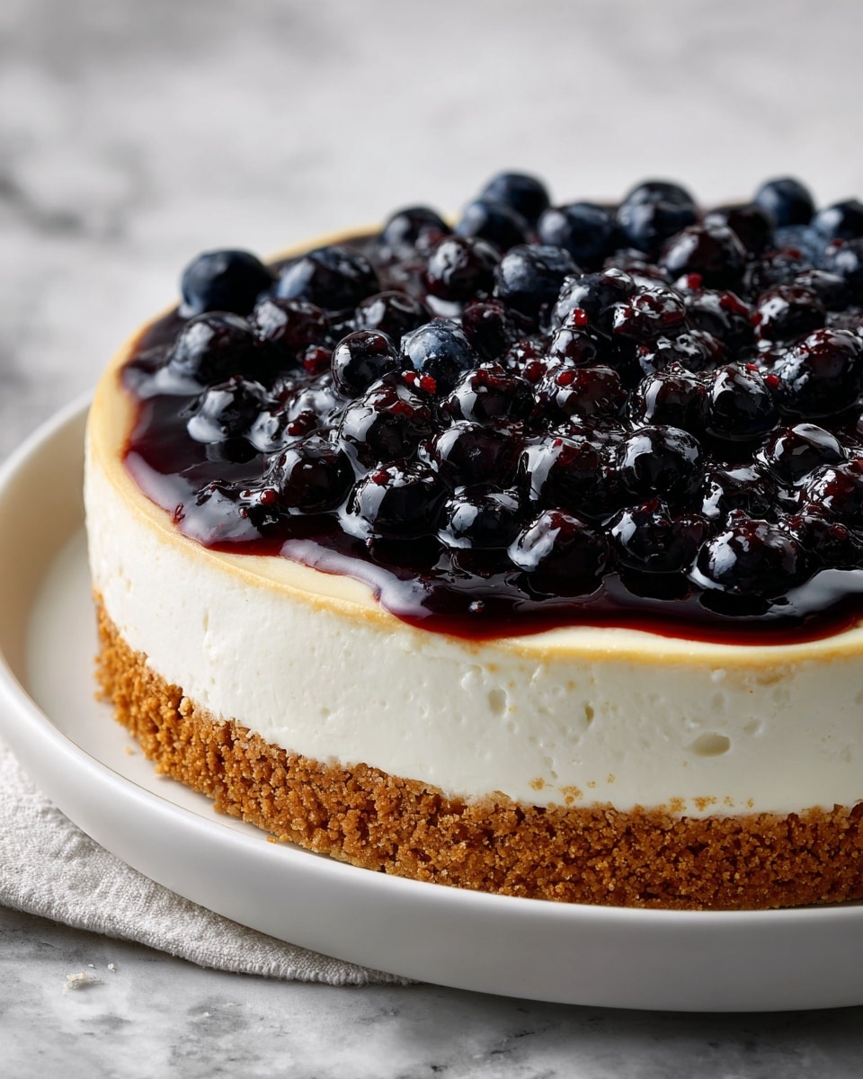The image shows a round cheesecake with three visible layers on a white plate, placed on a white marbled surface. The base layer is a golden-brown crust, firm and slightly crumbly. Above it is a thick, smooth creamy white cheese layer, evenly spread. The top layer consists of fresh dark blue blueberries scattered across the surface, with a shiny dark blueberry sauce thickly poured over the center, creating a mix of textures and deep colors. Photo taken with an iphone --ar 4:5 --v 7